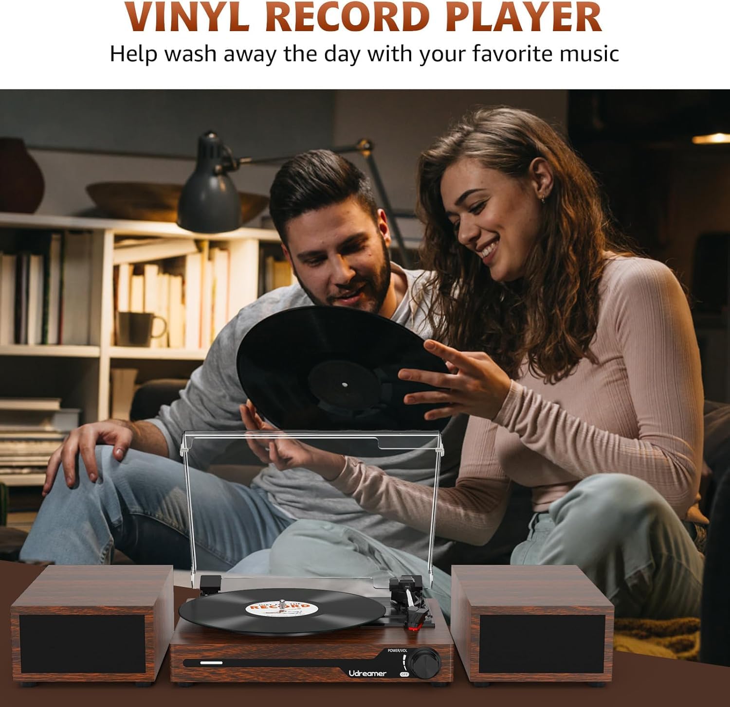Udreamer Platine Vinyle avec 2 Haut-parleurs Stéréo Doubles, Vintage Tourne-disqu Bluetooth 5.3 Prend en Charge 3 Vitesses, Entrée Auxiliaire, Ligne RCA, USB,Lecture sans Fil, Noyer