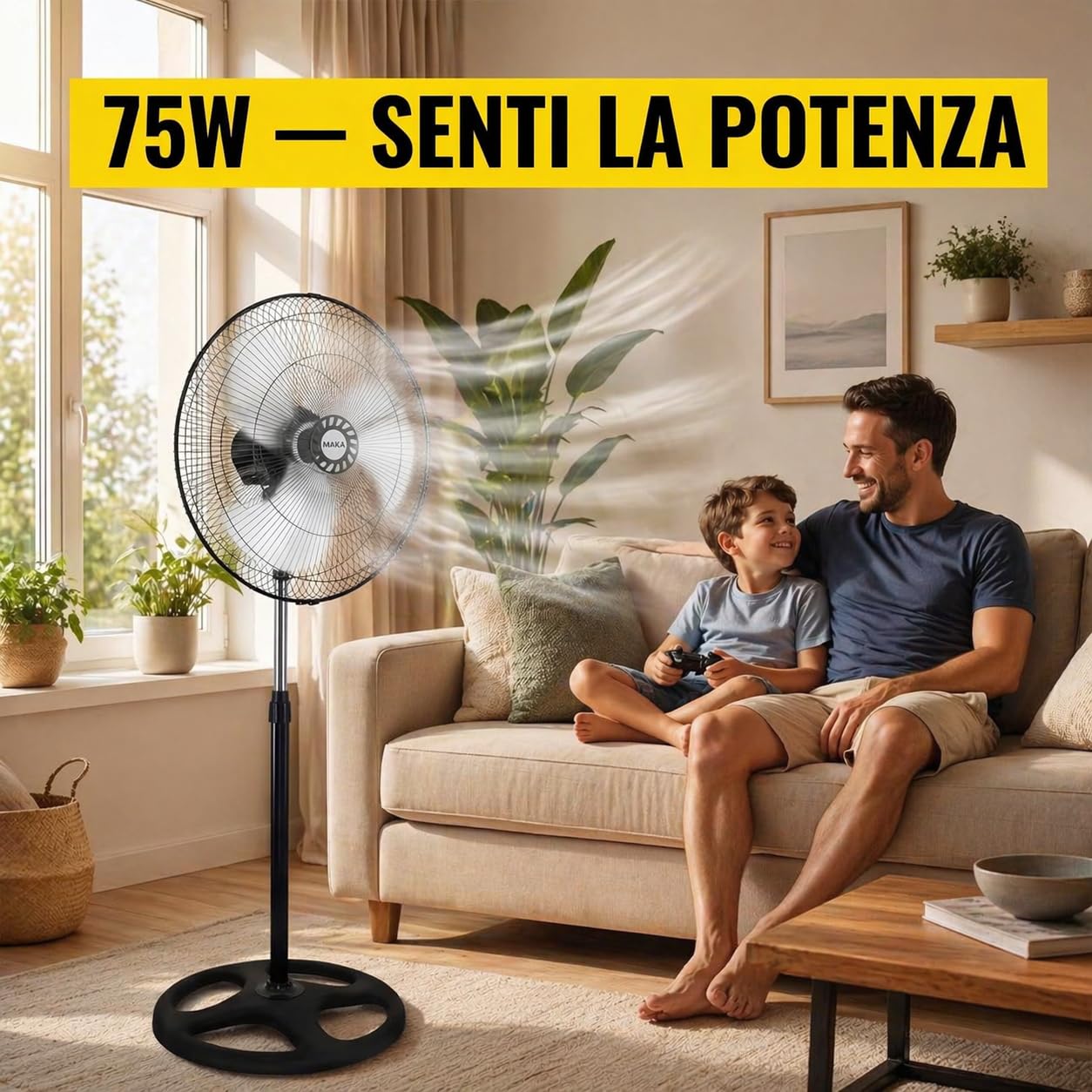 Ventilatore a Piantana da 50 cm con 5 Pale in Metallo e Motore 75W - Oscillazione Automatica - 3 Velocità - Altezza Regolabile 125 cm - Ventilatore SILENZIOSO con Griglia di Sicurezza per Casa/Ufficio