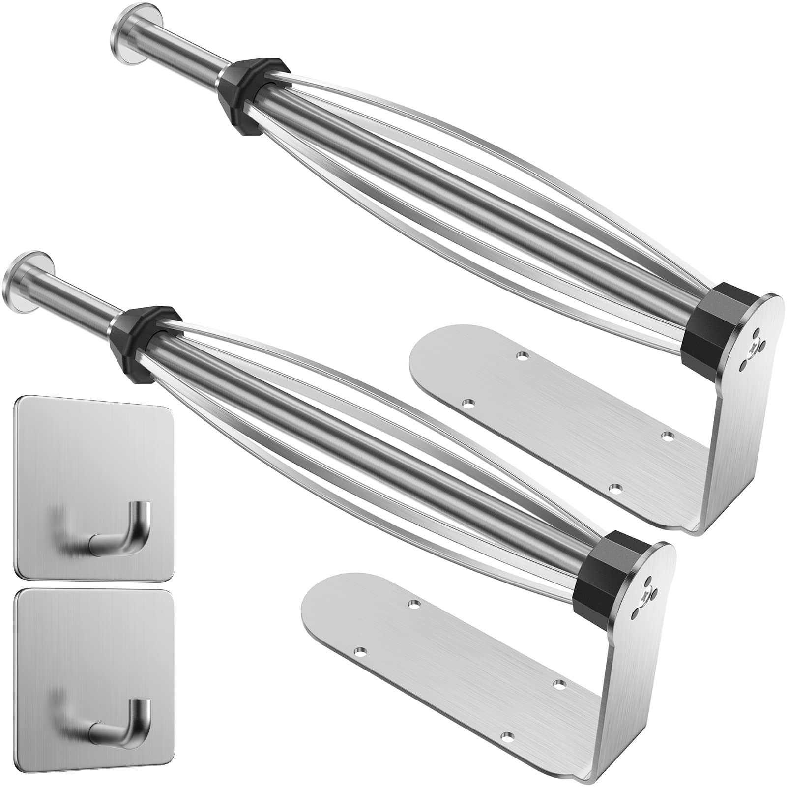 2 Pack Paper Towel Holder Under Cabinet + 2 Towel Robe Hook, Single Hand Operable Under Cabinet Paper Towel Holder, Adhesive Wall Mount Paper Roll Holder for Bathroom Kitchen(Silver)
