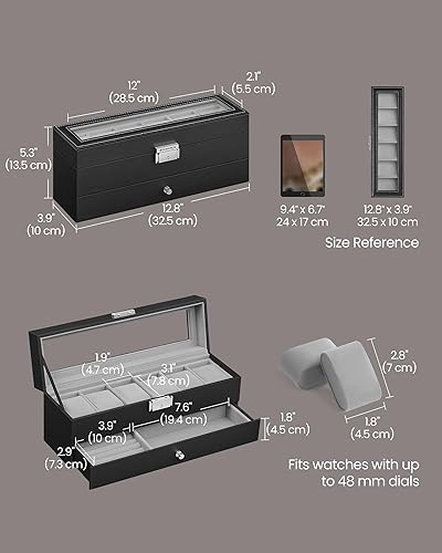 Vista 12 de SONGMICS Caja de reloj, organizador de 20 ranuras para reloj con tapa de vidrio grande, almohadas extraíbles, cerradura de metal, regalo para seres