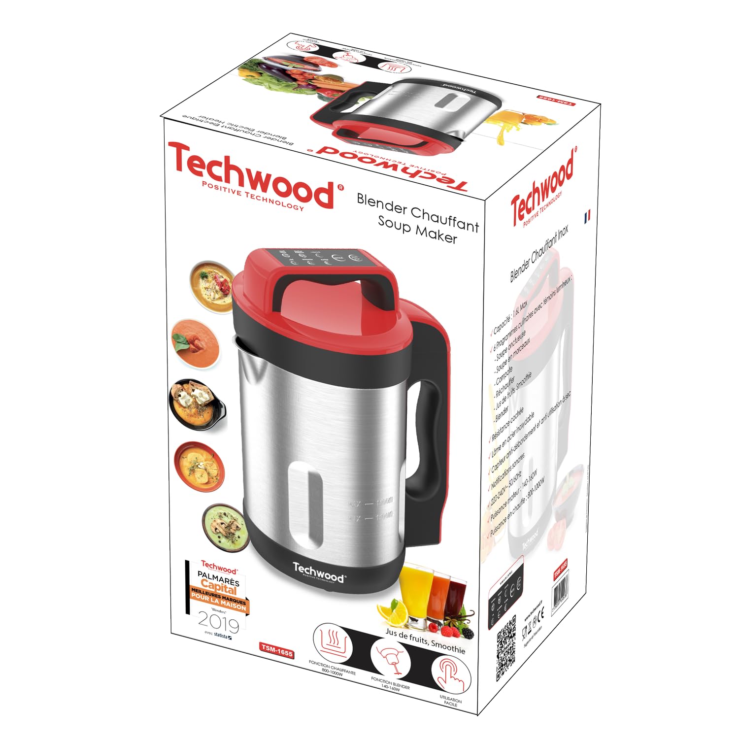 Blender Chauffant - Techwood TSM-1655 - Capacite 1.6L Soupe Veloute Compote Maintien au Chaud 1000W Inox - Coloris Rouge