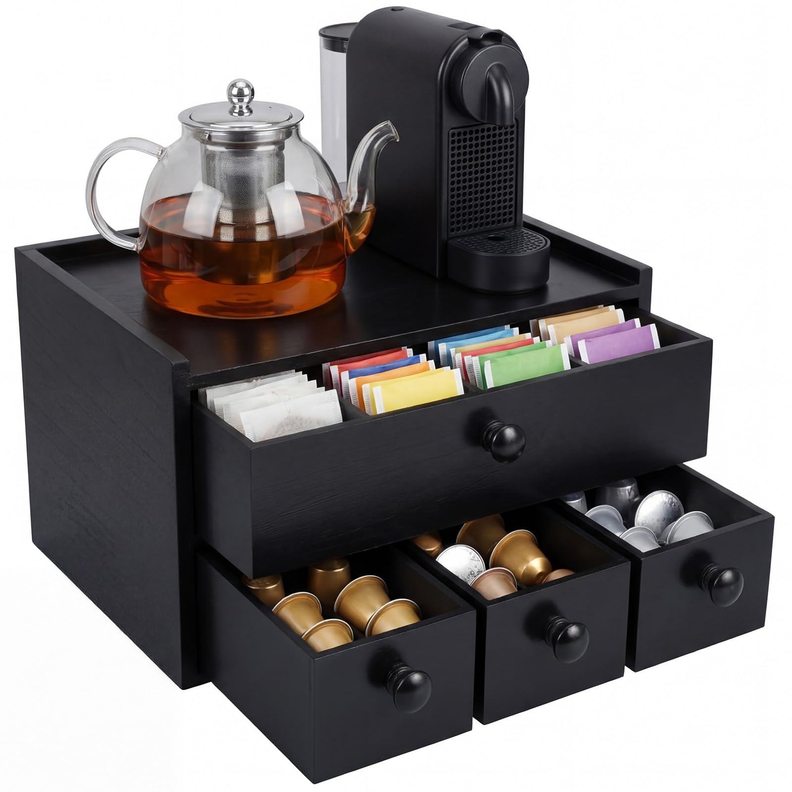 Photo 1 of AceOrbit Wooden Tea Box Organizer with Drawer Wooden Coffee Pod Organizer Tea and Coffee Storage Box Double Layer for Countertop Display Cup Drawer Storage Under Brewer(Black)