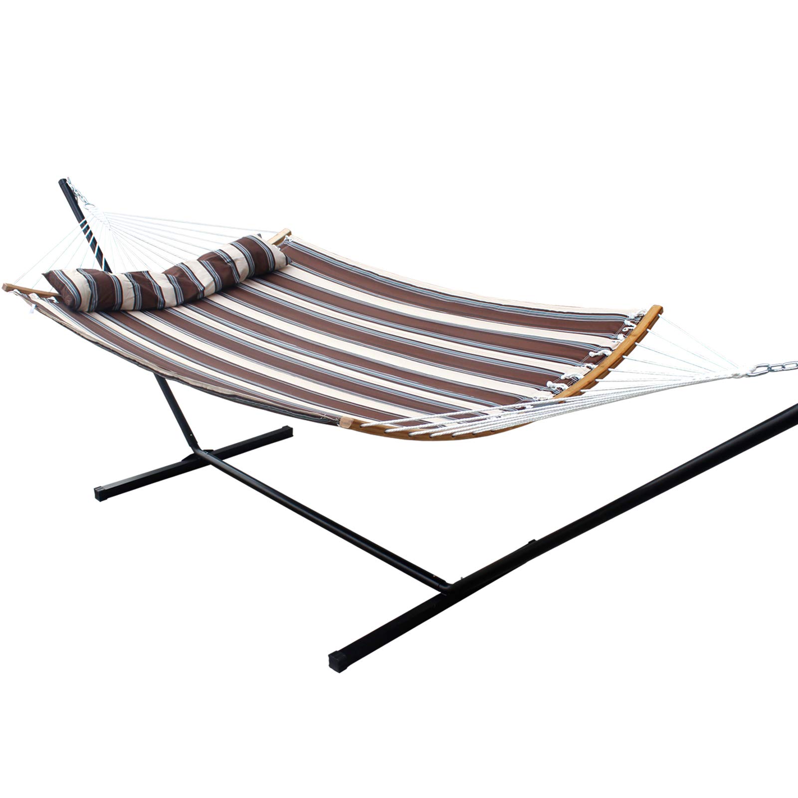 SUNNY GUARD Double Hammock with Stand Included Outside, Freestanding 2-Persons Hammocks Quilted with Stand and Large Pillow, 450lbs Capacity Heavy Duty