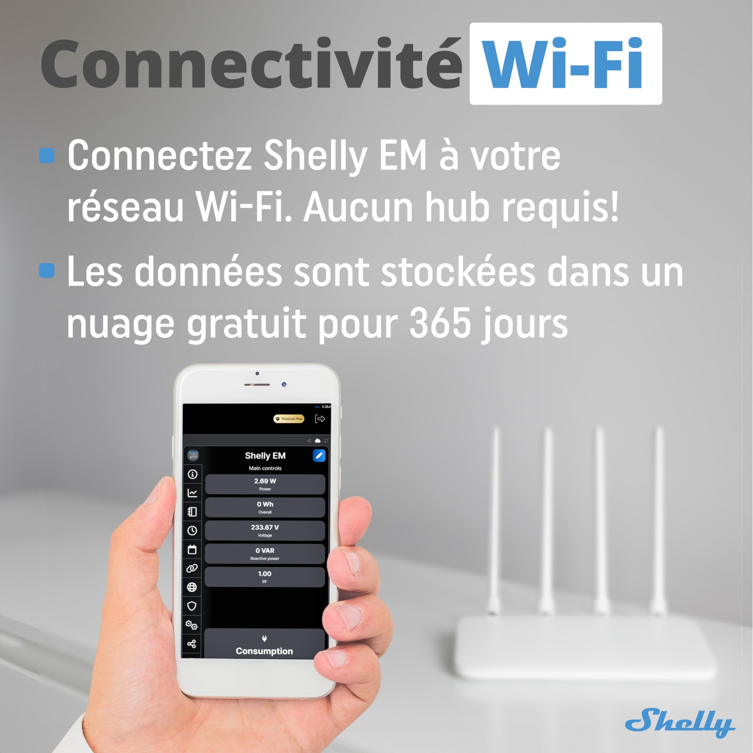 Shelly EM - Module Compteur d'énergie intelligent Wi-Fi, 2 canaux (120A), Domotique, Haute précision, Mesure production photovoltaïque, Compatible avec Alexa et Google Home, App iOS Android