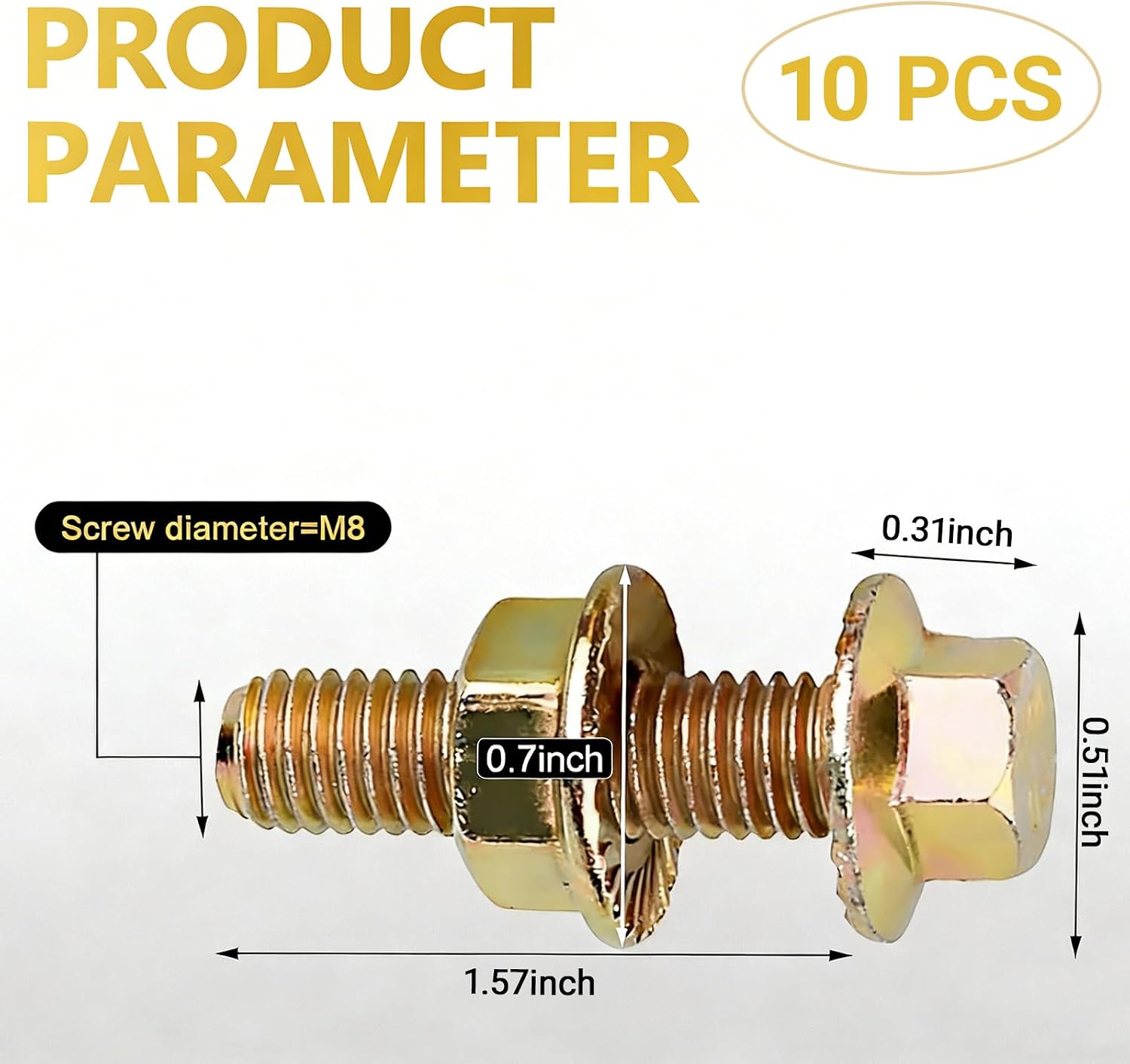 10PCS Exhaust Manifold Bolt Kit, High-Strength Carbon Steel, 0.7" x 1.45" Non-Slip Hex Flange Nut Screws, Car Retrofit Replacement Parts, Universal for Most Car, Truck, SUV (Gold)