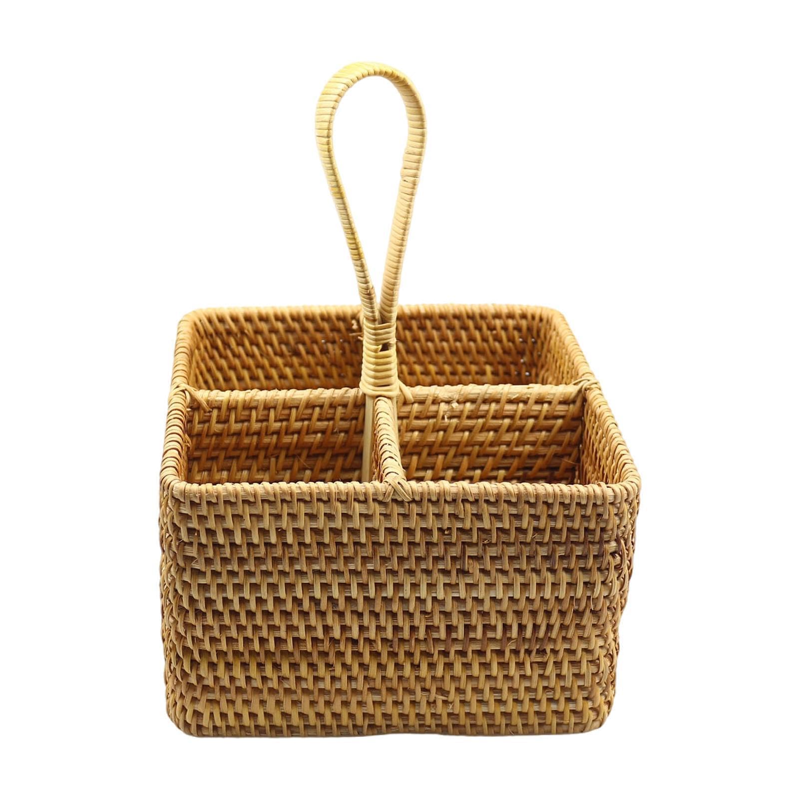 rockible Cesta para Cubiertos Y Especias con 4 Compartimentos, para Guardar, Hecha de Ratán Tejido para, Cuadrado Grande