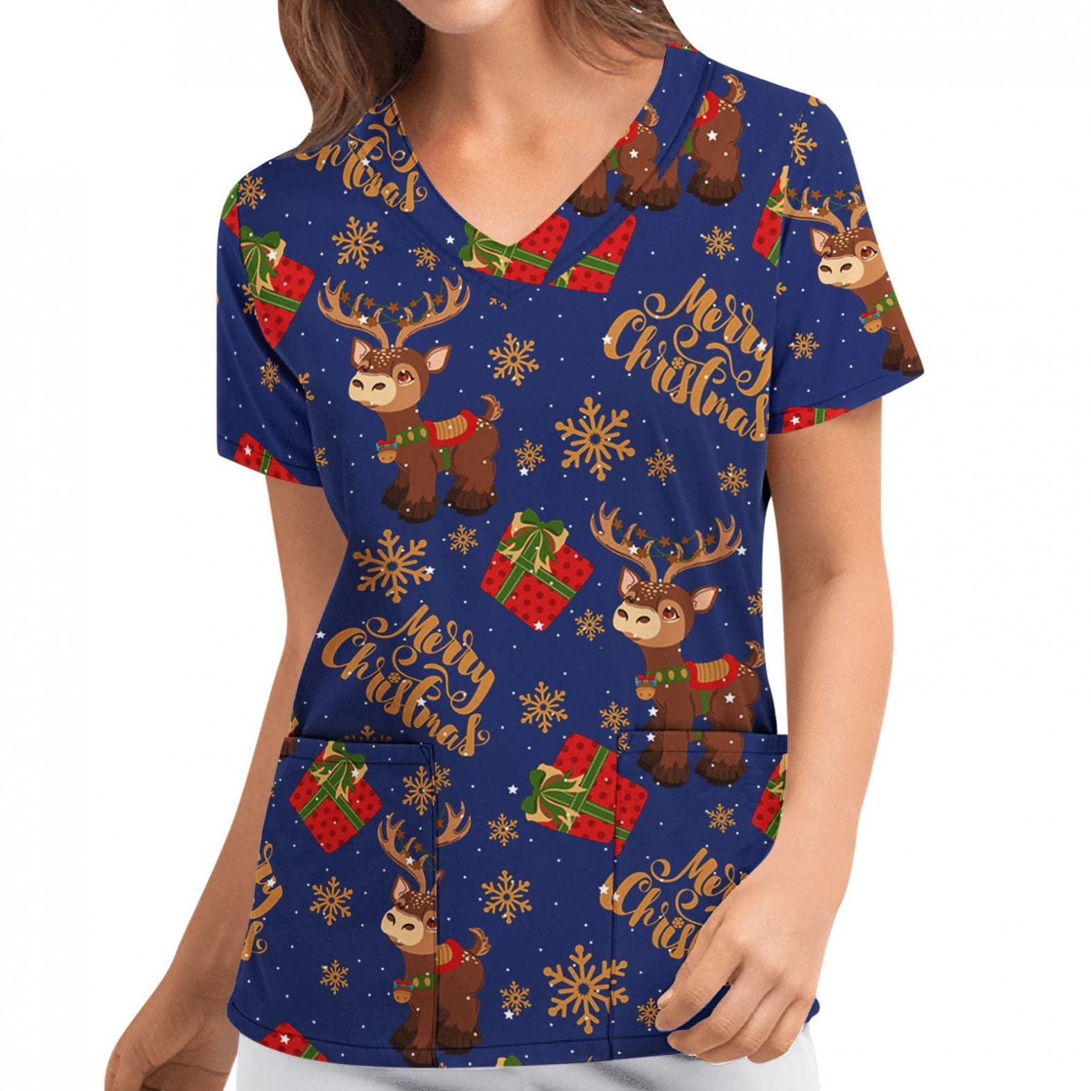 CHAOENWomen Christmas Nurses Scrub Top Short Sleeve Floral Printed Scrub Shirt Casual V-Neck Christmas Snowflake Printing Working Tunic Uniform Blouse