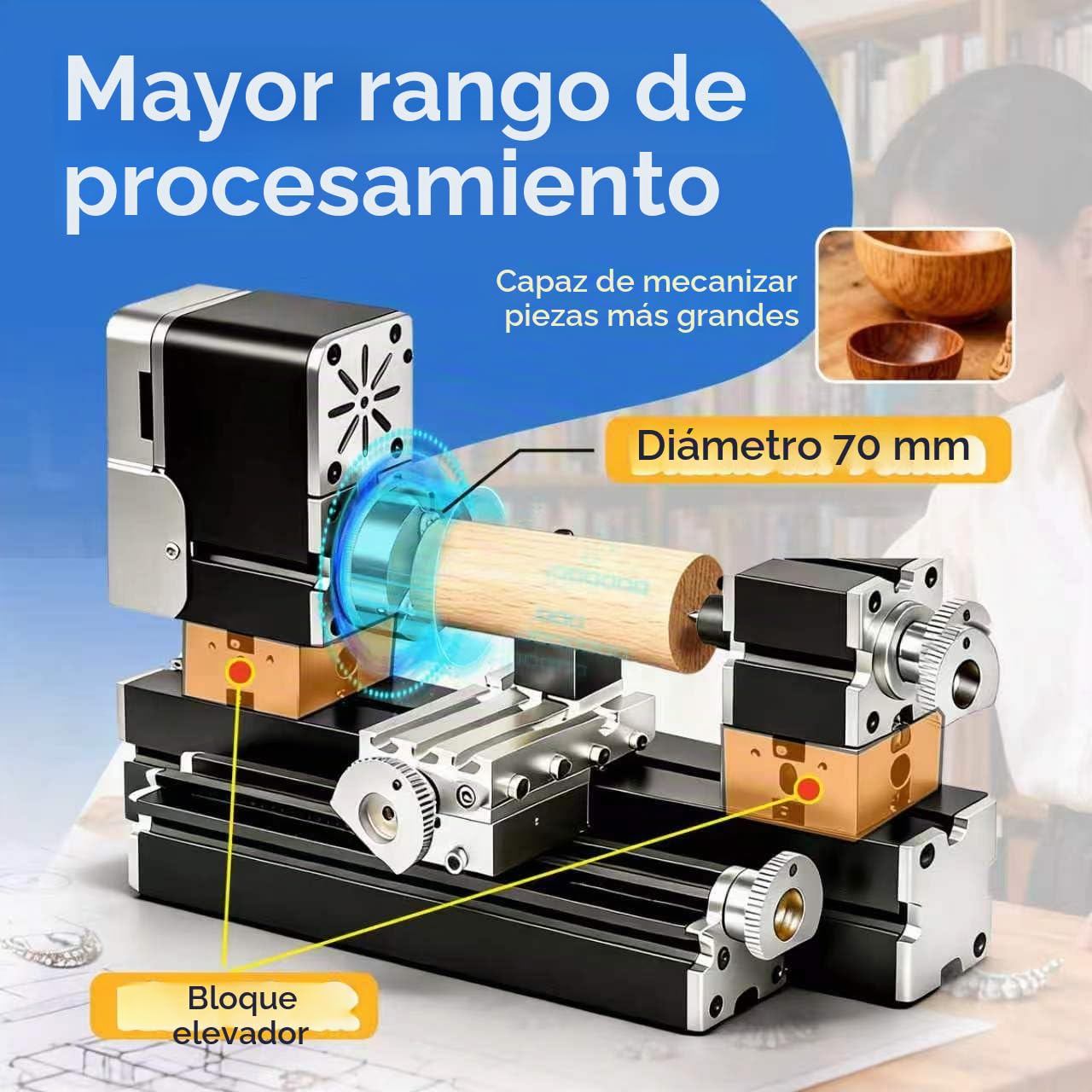ZHRUI - Torno de metal didáctico en miniatura galvanizado, 50 mm, centro de 36 W, 20000 rpm para procesamiento de aluminio, madera, materiales plásticos (aumento del estilo)