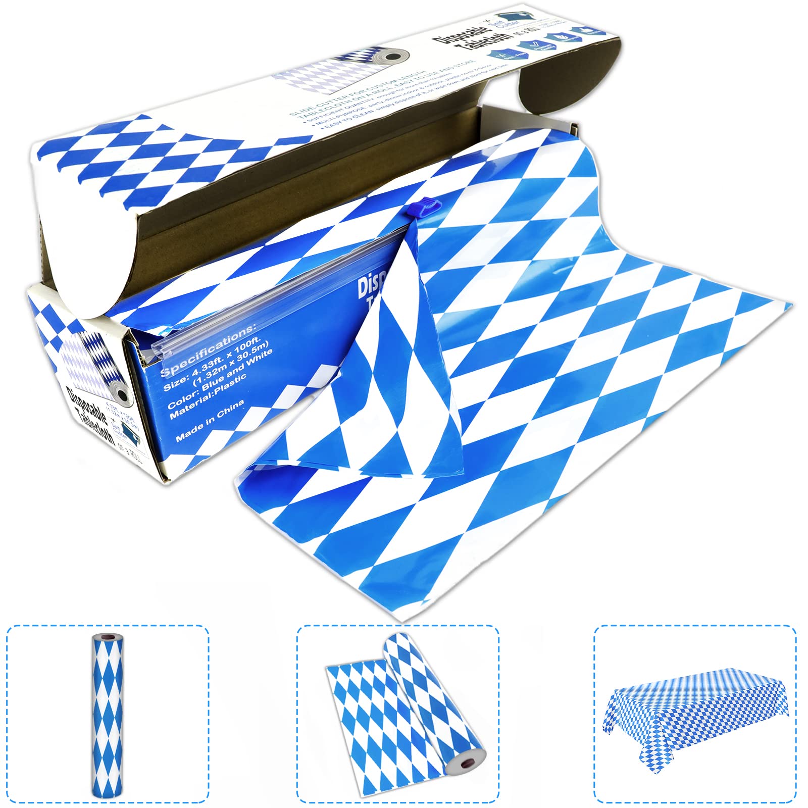 Oktoberfest Table Roll 52 in x 100 Ft Party Accessory with Slide Cutter Plastic Table Cloth Roll Oktoberfest Bavarian Blue Diamonds Tablecover for German Themed Party Decorations
