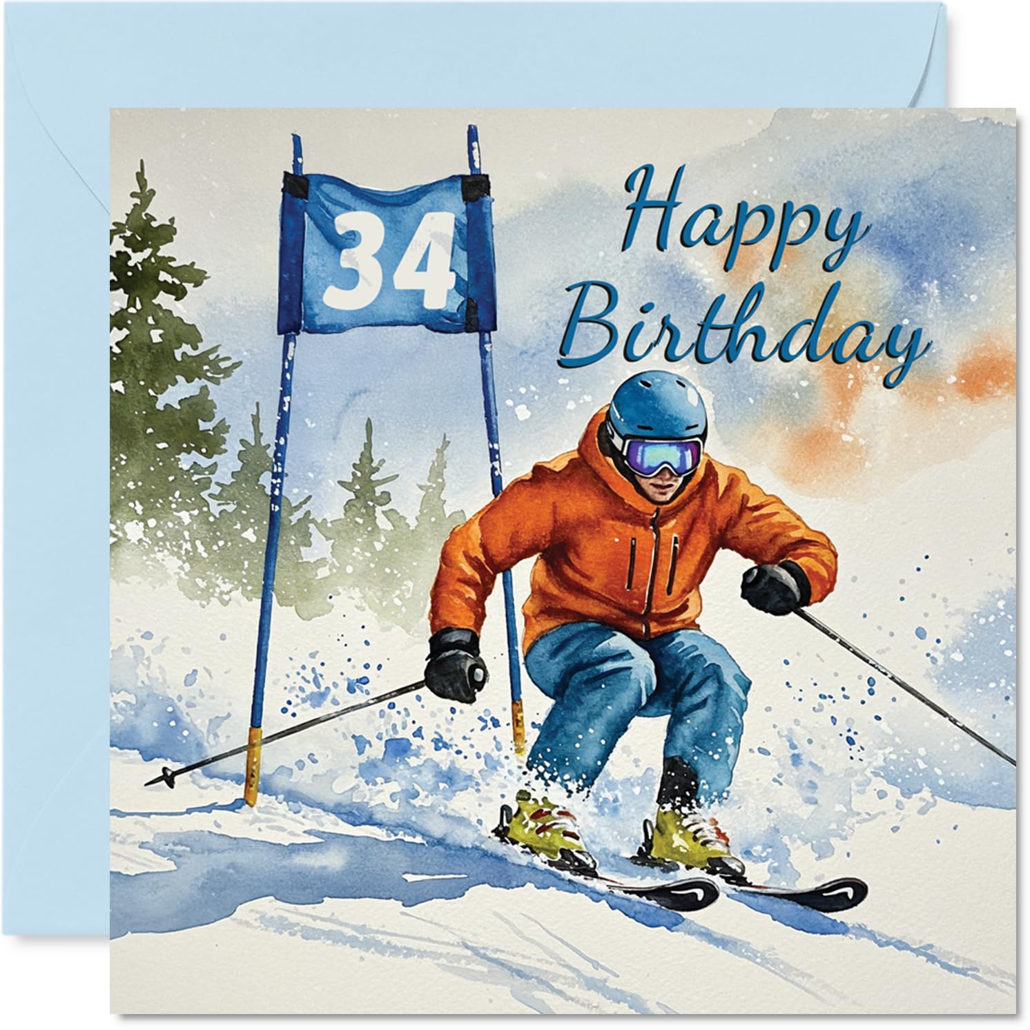 34th Birthday Cards for Women and Men, Skiing Celebration