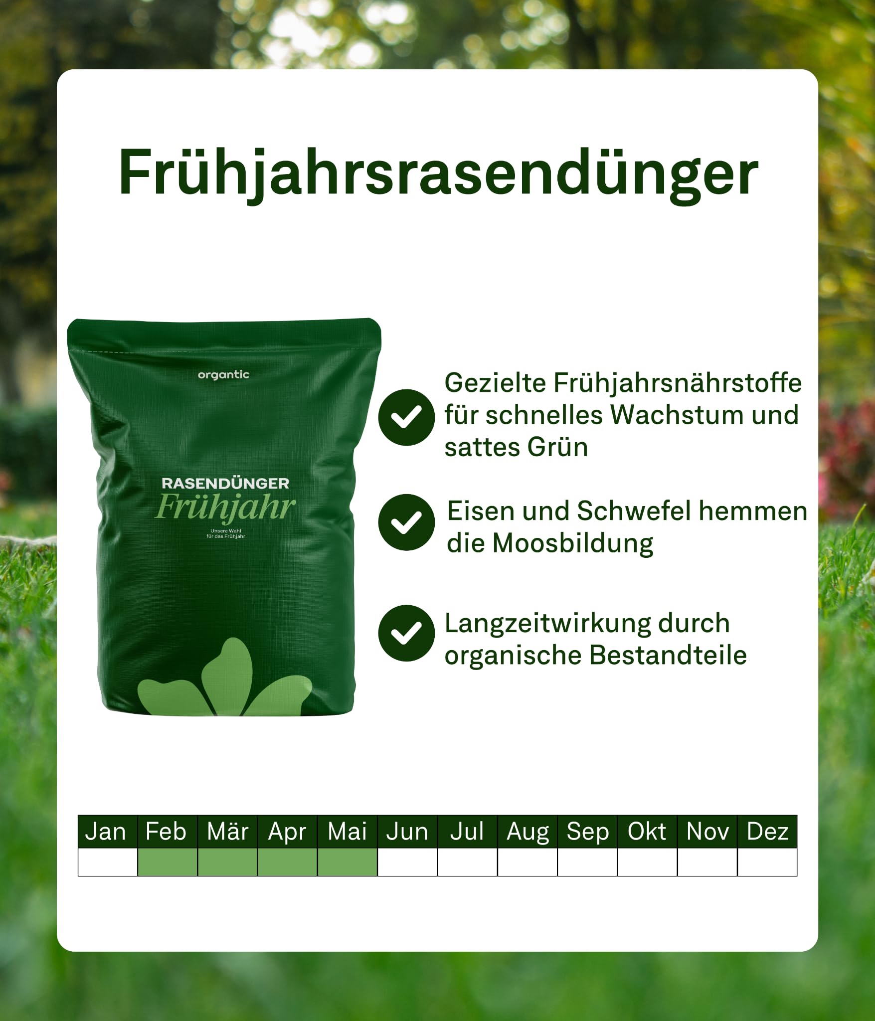 Organtic Rasendünger Frühjahr 20kg, Dünger verdrängt Moos, Ideal für Frühjahr und Sommer, geeignet für Streuwagen, staubarmes Granulat, Rasendünger, organtic