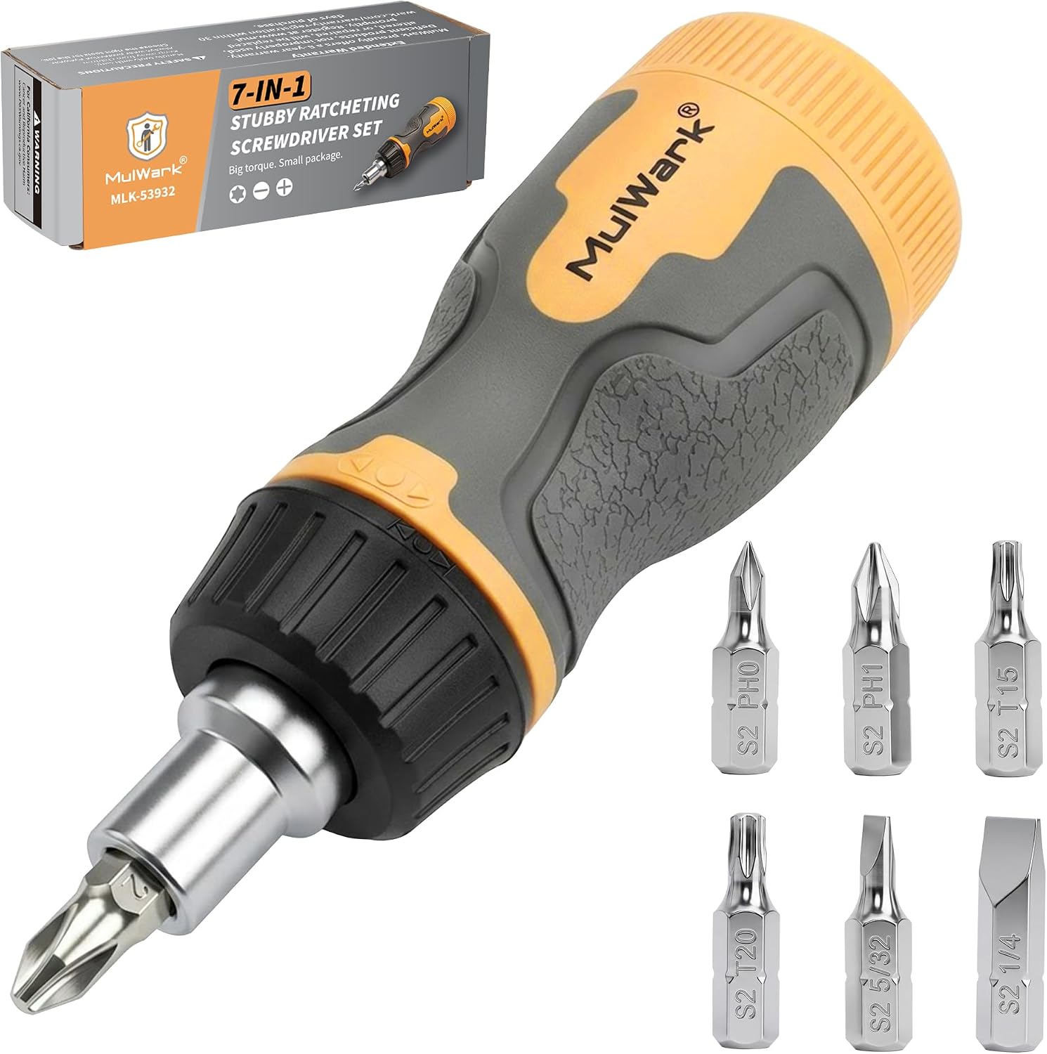 MulWark 7-in-1 Stubby Ratcheting Screwdriver, Small Screwdriver with Magnetic, Multi-bit Stubby Screw driver with S2 Steel Phillips Slotted Torx Bits in Handle, Compact Tool for Tight Spaces