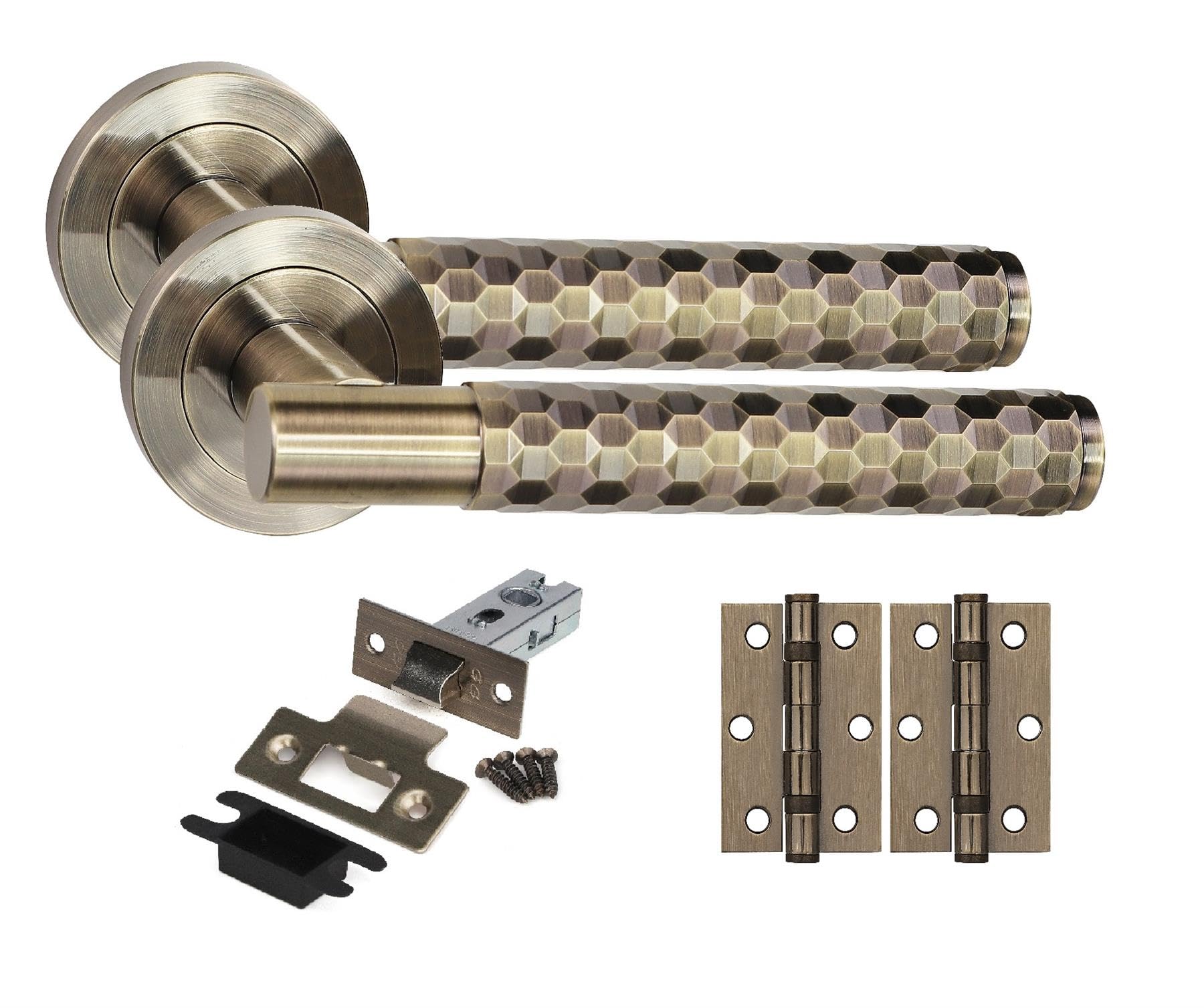 Golden Grace 1 Set Knurled Hex Cut T-Bar Door Handles with Latch and Ball Bearing Hinges Antique Brass Finish