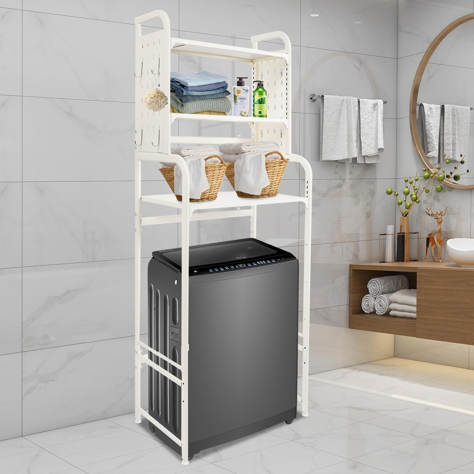 Scaffale per lavatrice, estraibile con 3 ripiani e ganci, scaffale da bagno regolabile in altezza sopra lavatrice e WC, in metallo, salvaspazio, per lavanderia e balcone, bianco