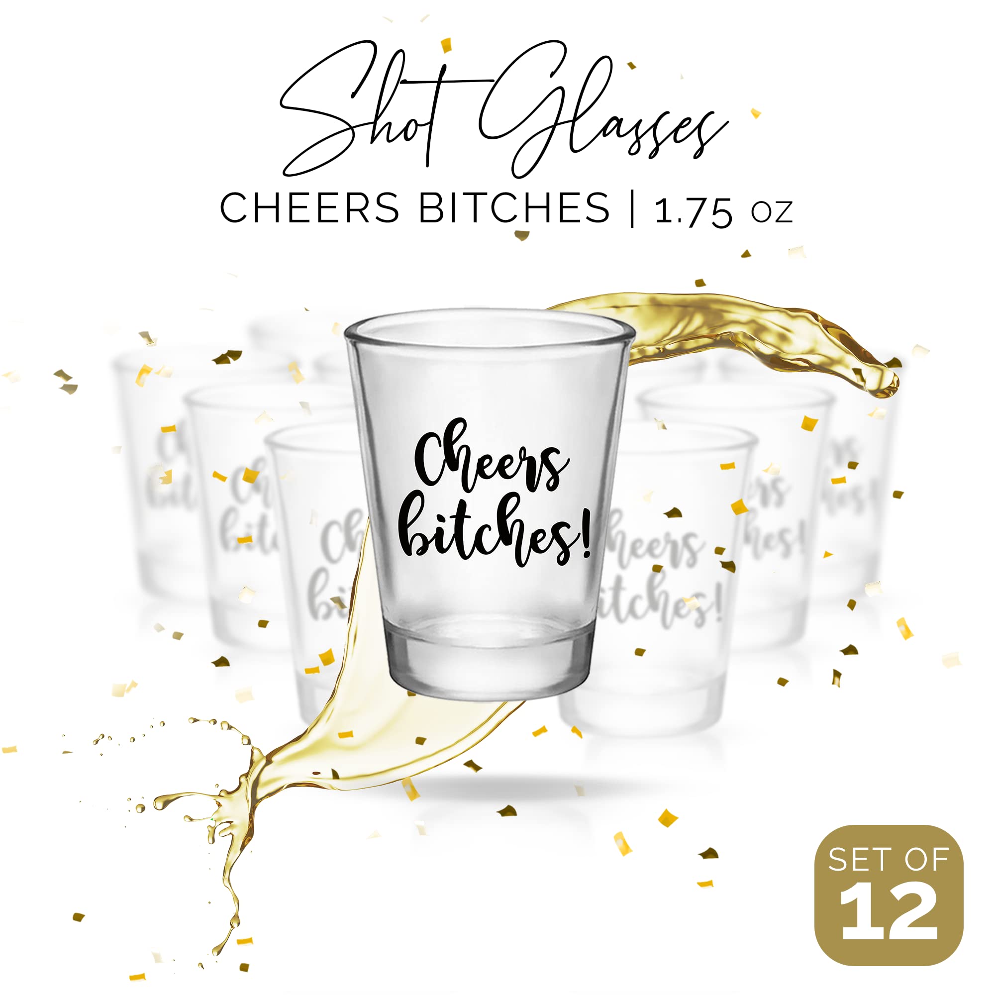 Cheers es! - Vasos de chupito para niñas, 1.7 onzas, juego de 12 vasos de chupito perfectos para mujeres, vasos de chupito para despedida de soltera, divertidos vasos de chupito para adultos, vasos de