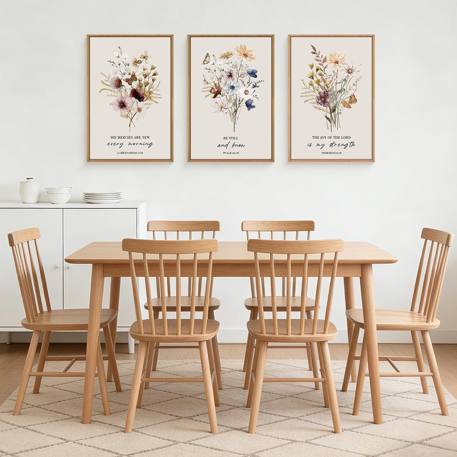 Boho Christian Floral Scripture Wall Art Set of 3, Bible Verse Flower Painting, Religious Wildflower Artwork for Living Room, Bedroom, Fireplace, Modern Botanical for Home Decor- 24X36