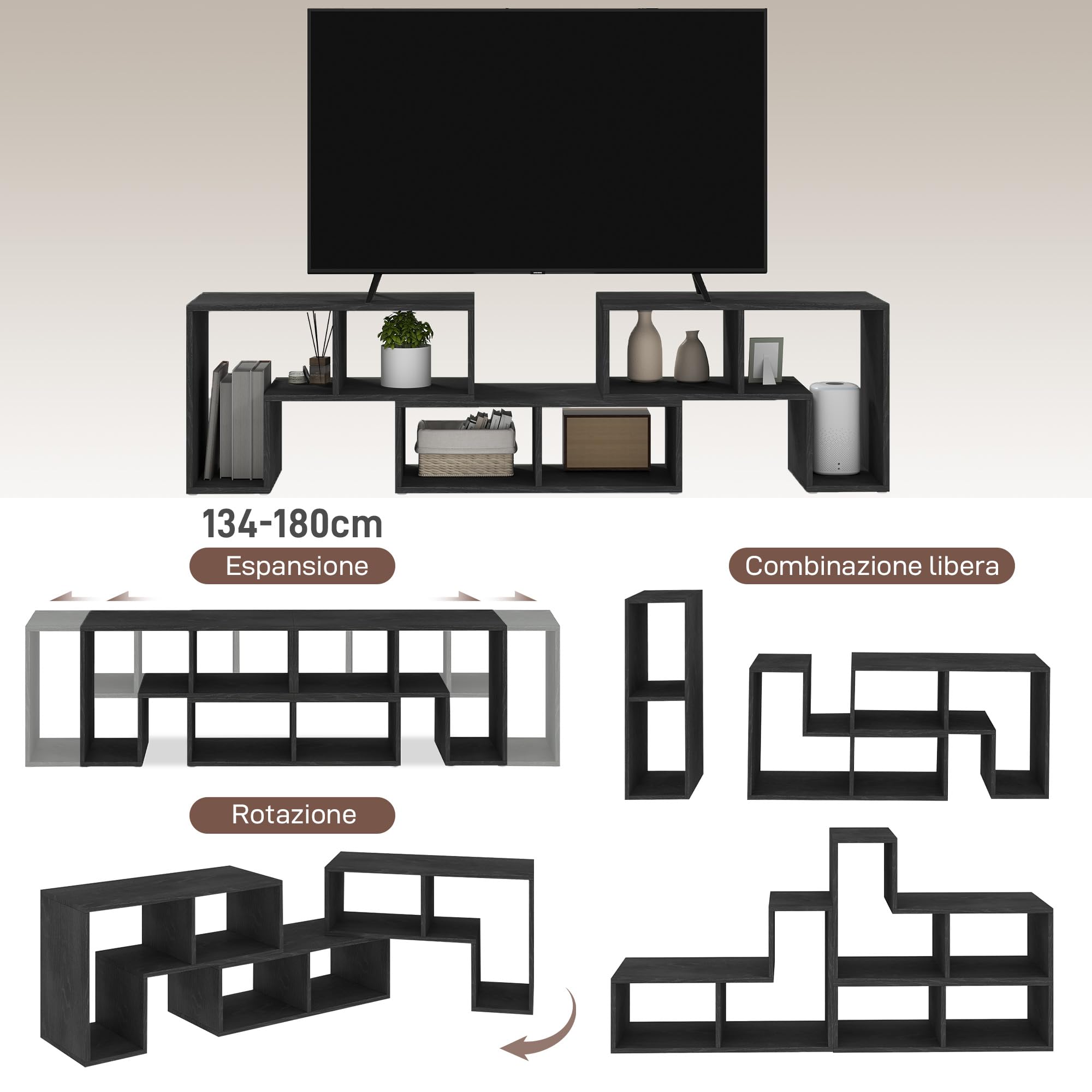 HOMCOM Mobile TV 75" max Modulabile con 2 Ripiani a L e Mensola Rettangolare, Mobile Porta TV Moderno in Truciolato per Soggiorno, 134-180x30.5x44 cm, Nero