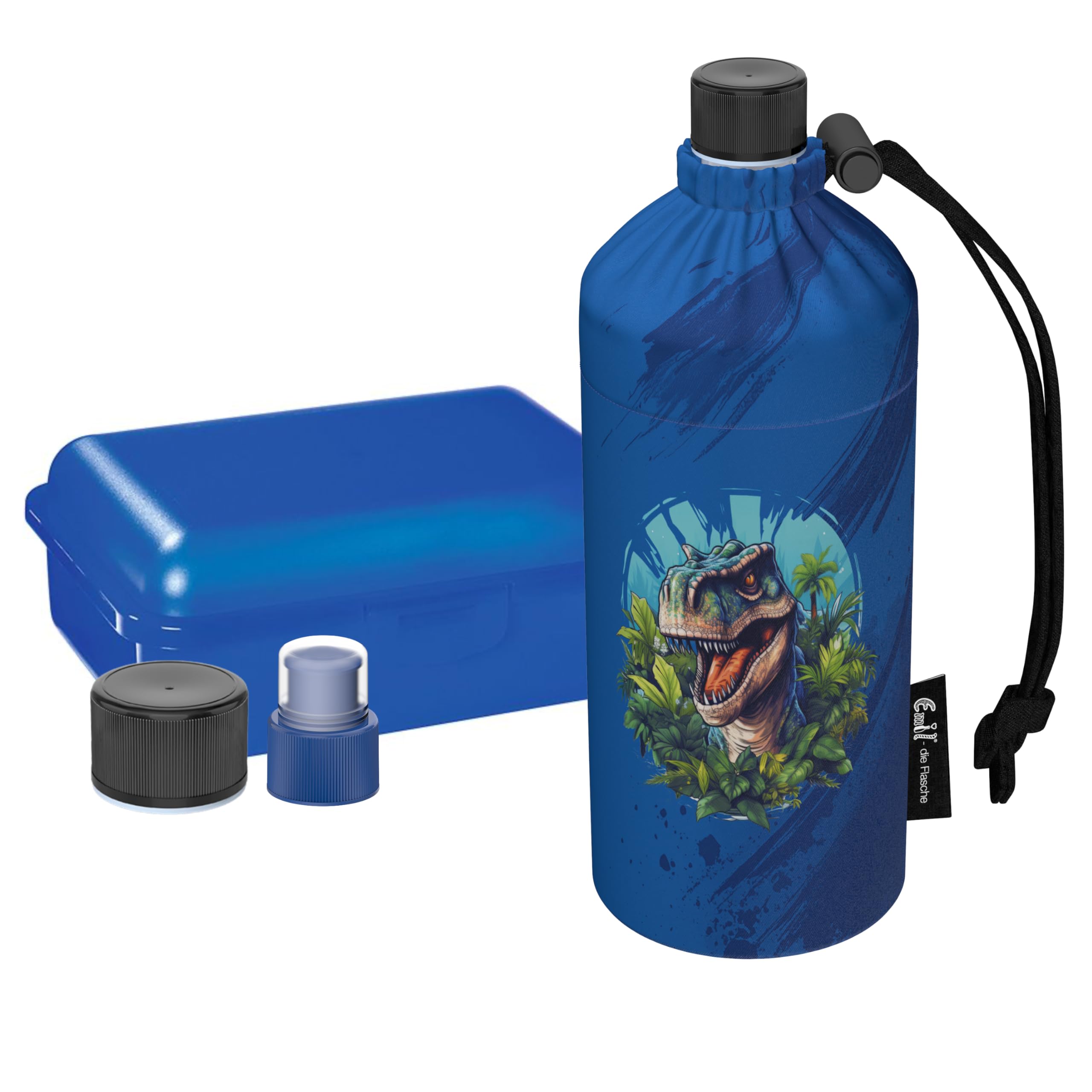 Emil Glas Trinkflasche Starterset 0,4l Dino – mit Brotbox & 3 Verschlüsse, isolierte Kinderflasche für Kita, Kindergarten & Schulstart, schadstofffrei