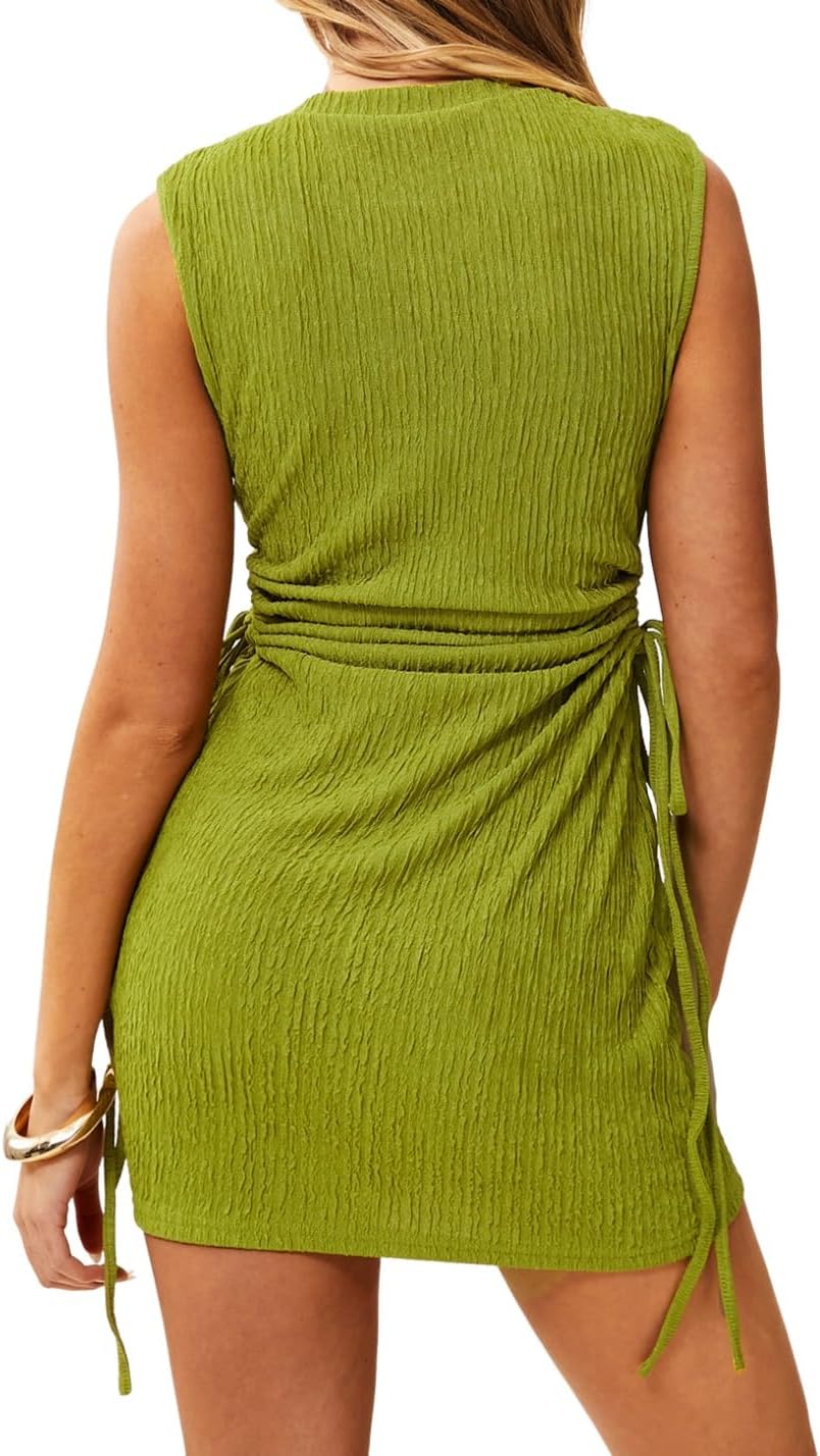 GORGLITTER Women's Ruched Bodycon Mini Dress Wedding Guest Dress Cut Out Drawstring Textured Tank Prom Party Dresses - Image 4