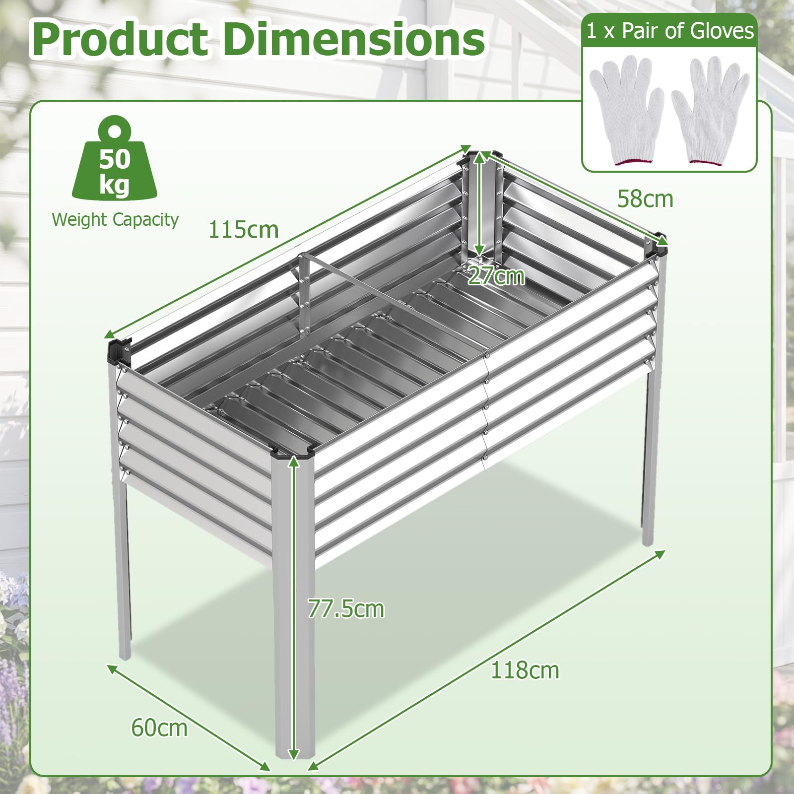 FANTASK Jardinière surélevée en métal - 118 x 60 x 77,5 cm - avec système de Drainage jusqu'à 50 kg - pour légumes, Fruits, Fleurs, Herbes, Balcon, Jardin, terrasse - Argenté