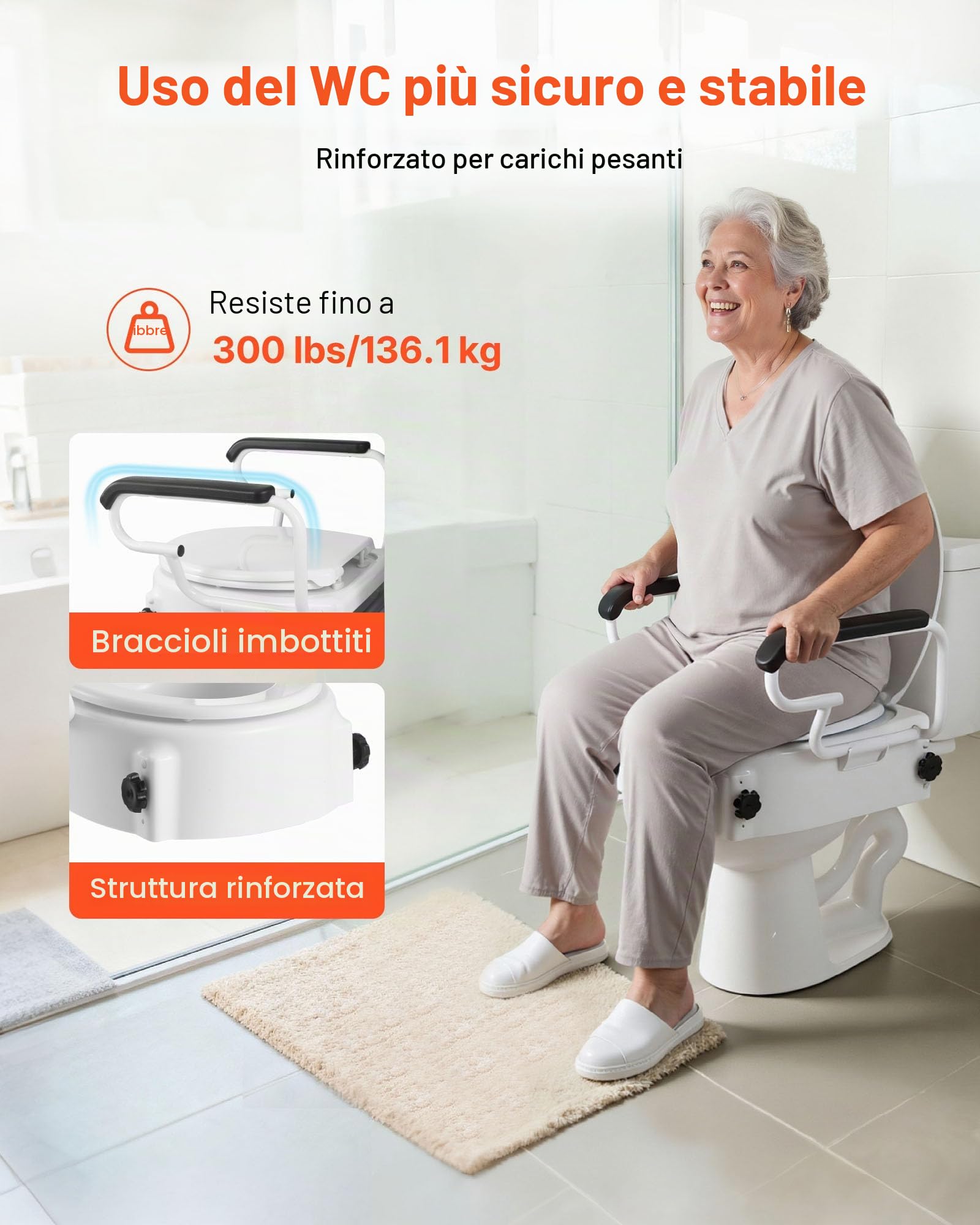 VEVOR Sedile Sollevabili di Ausilio Mobilità con Capacità di Carico di 136 kg e Altezza di Sollevamento di 101,6 mm e Coperchio per WC, con Maniglie Imbottite per Anziani, Donne Incinte
