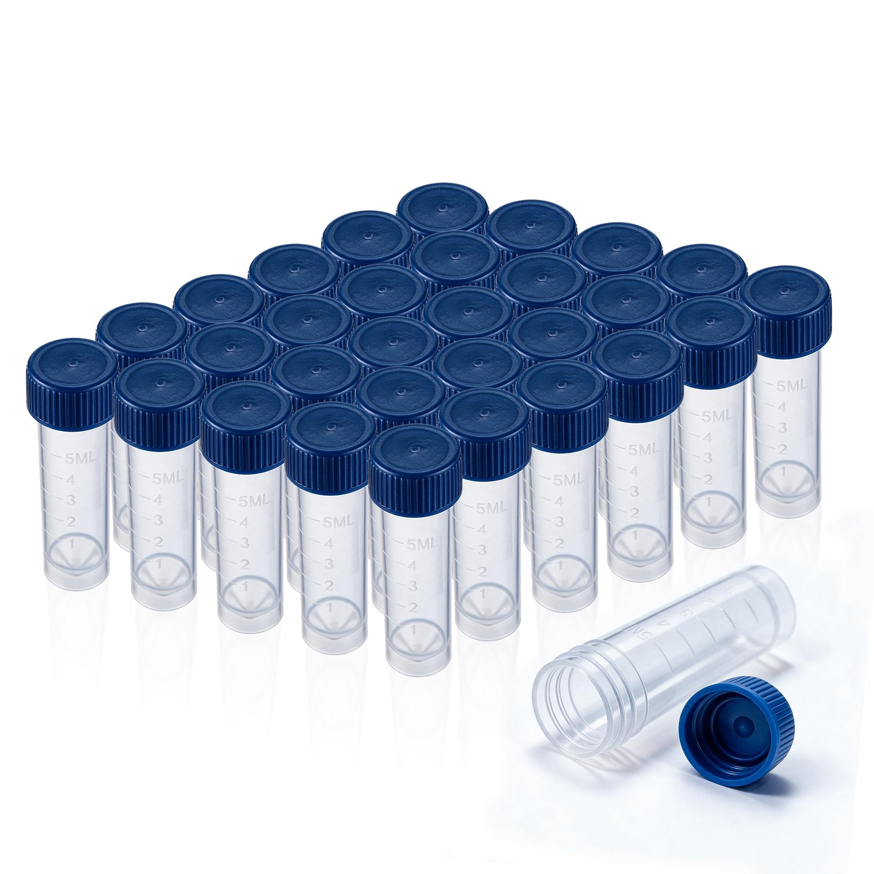 PEKYBIO Tubo de transporte estéril, capacidad de 5 ml, graduaciones moldeadas, fondo cónico, autosuficiente, con tapa de rosca azul, caja de 200