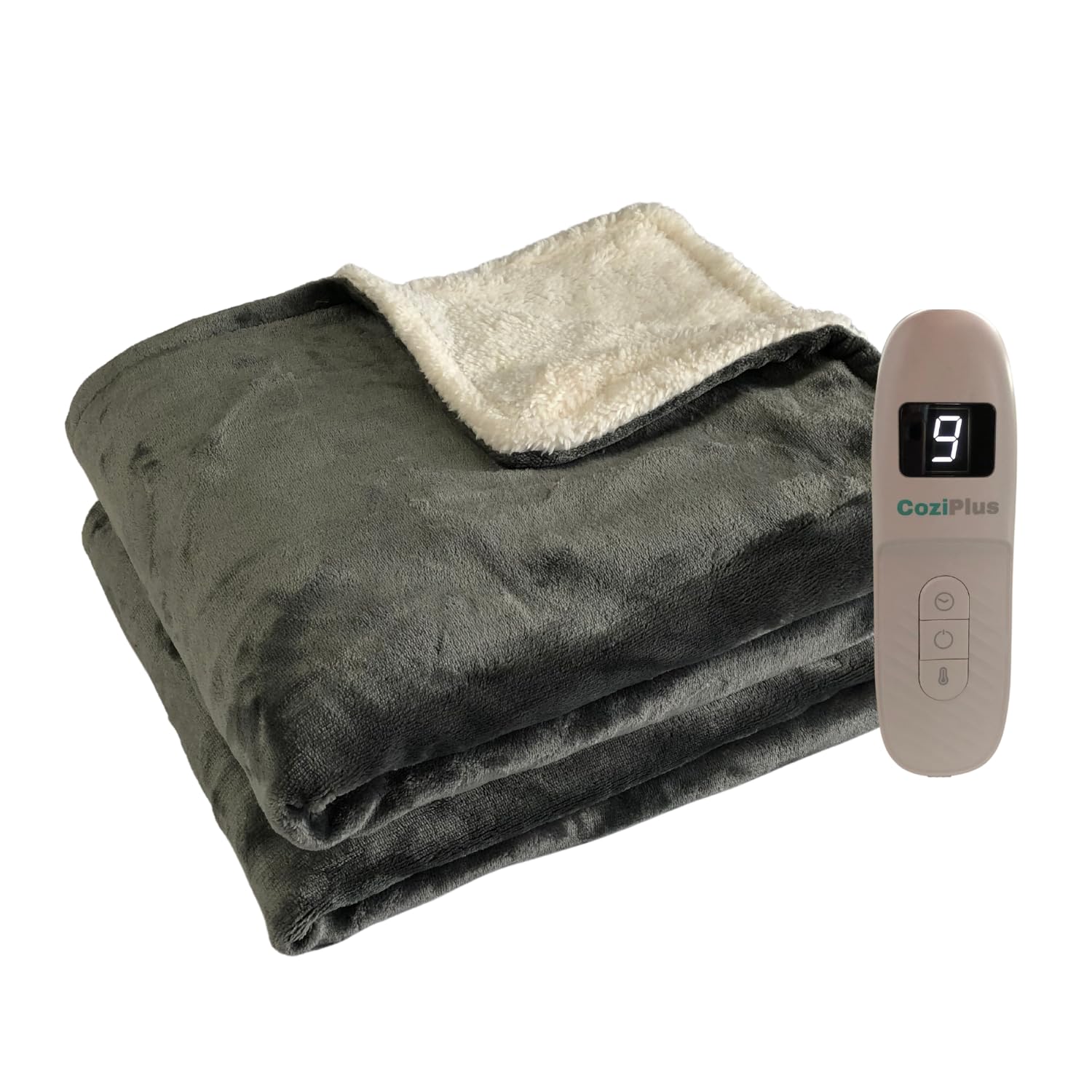 Coziplus Grey Electric Heated Blanket Throw Flannel & Sherpa Fleece, 8 Available Colors, Fast Heating 160X130cm, 9 Heat & Timer Levels, Auto-Shut Off, Led Display, For Home & Office Use (Grey)