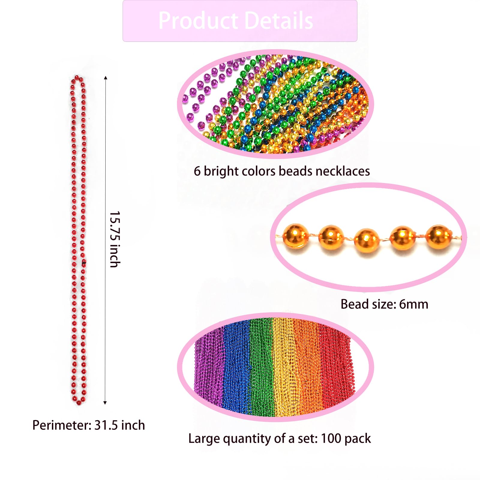 Becfupo 100 Pcs Pride Beads Necklaces Bulk, LGBTQ Metallic Rainbow Bead Necklaces For Pride Month Dress-up Accessories, Gay Lesbian Party Favors