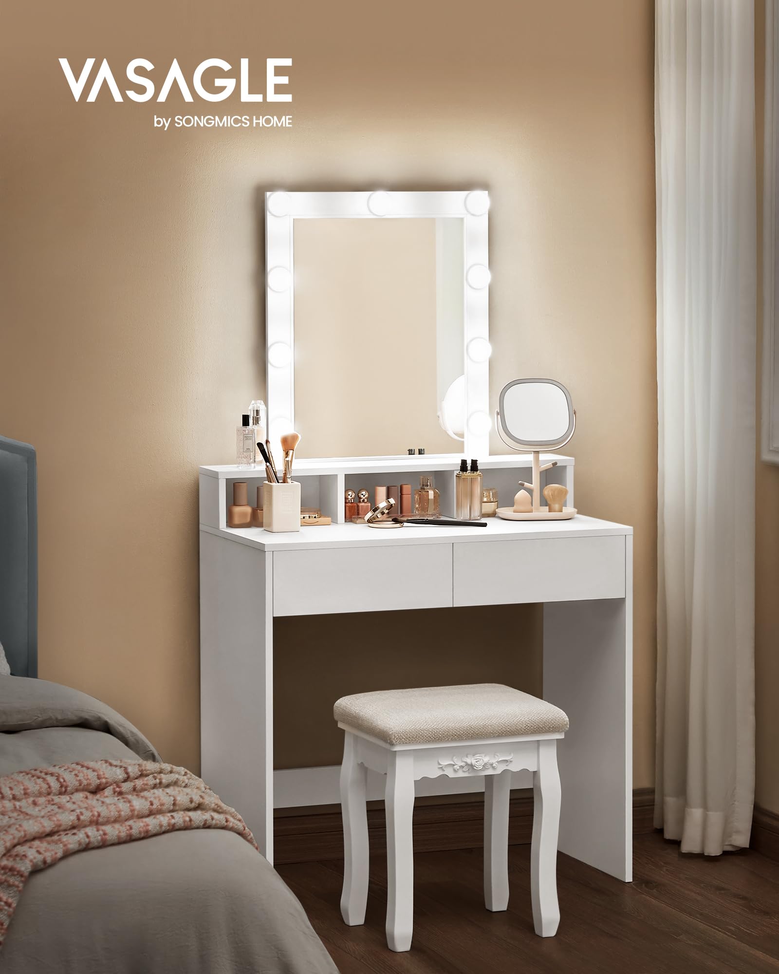 VASAGLE Kailyn Collection - Coiffeuse, Miroir LED, Éclairage 3 Couleurs Réglable, Table de Maquillage avec Miroir, 2 Tiroirs et 3 Compartiments, Coin Beauté, Style Moderne, Blanc RDT114WB01