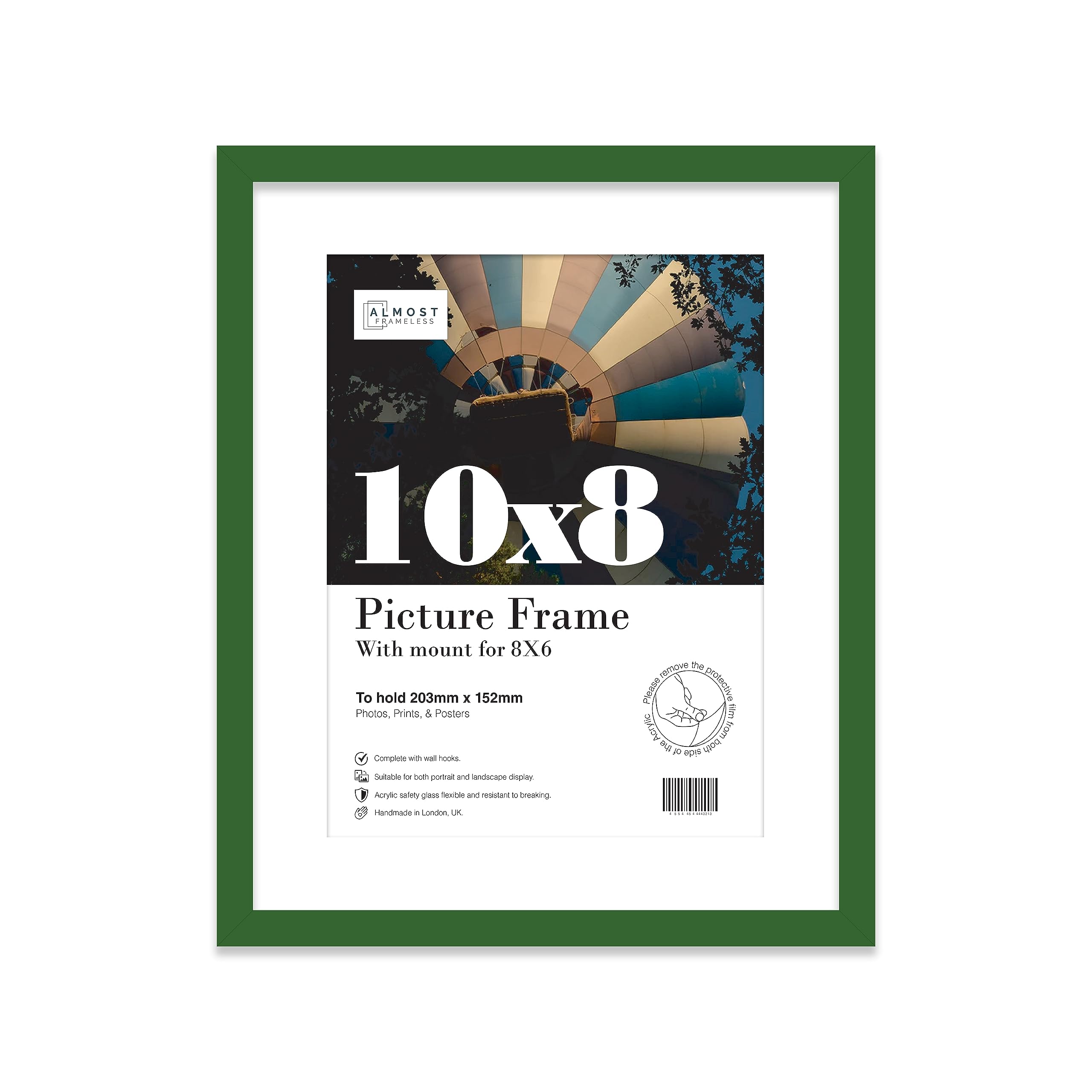 Almost Frameless 10x8 Green Picture Frame With Mount for 8x6 Print, Poster or Photo Poster, Photo, Artwork, or Print. Thin Edge Slim Frame Portrait and Landscape Display with Wall Hooks