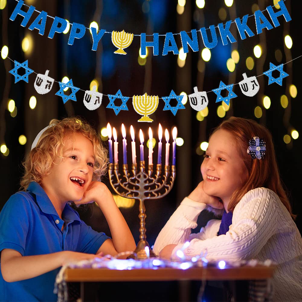 Happy Hanukkah Banner With Blue Glitter - Chanukah Party Decorations With Menorah & Star Of David