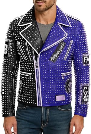 Mens Motorcycle Genuine Leather Spiked Jacket Real Cowhide Rock Punk Pride Brando Biker Studded Jacket
