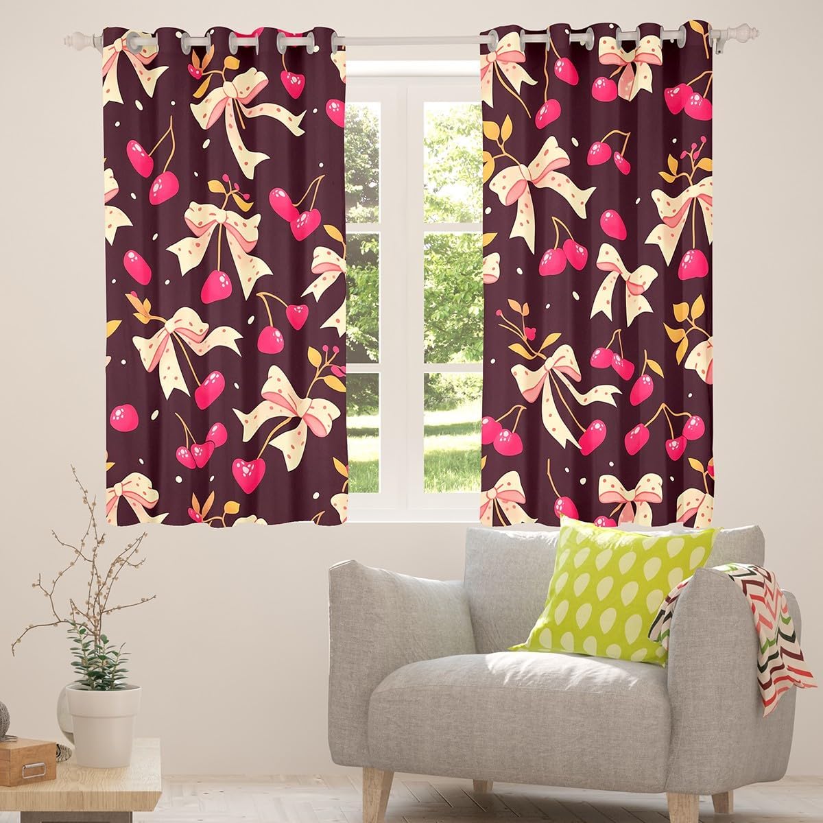 Feelyou Boys Girls Pink Bowknot Darkening Drapes Dreamy Princess Blackout Curtains Cute Cherry Window Curtains Kids Watercolor Bow Window Treatments Bedroom Decor (2 Panels, 52 x 90 Inch)