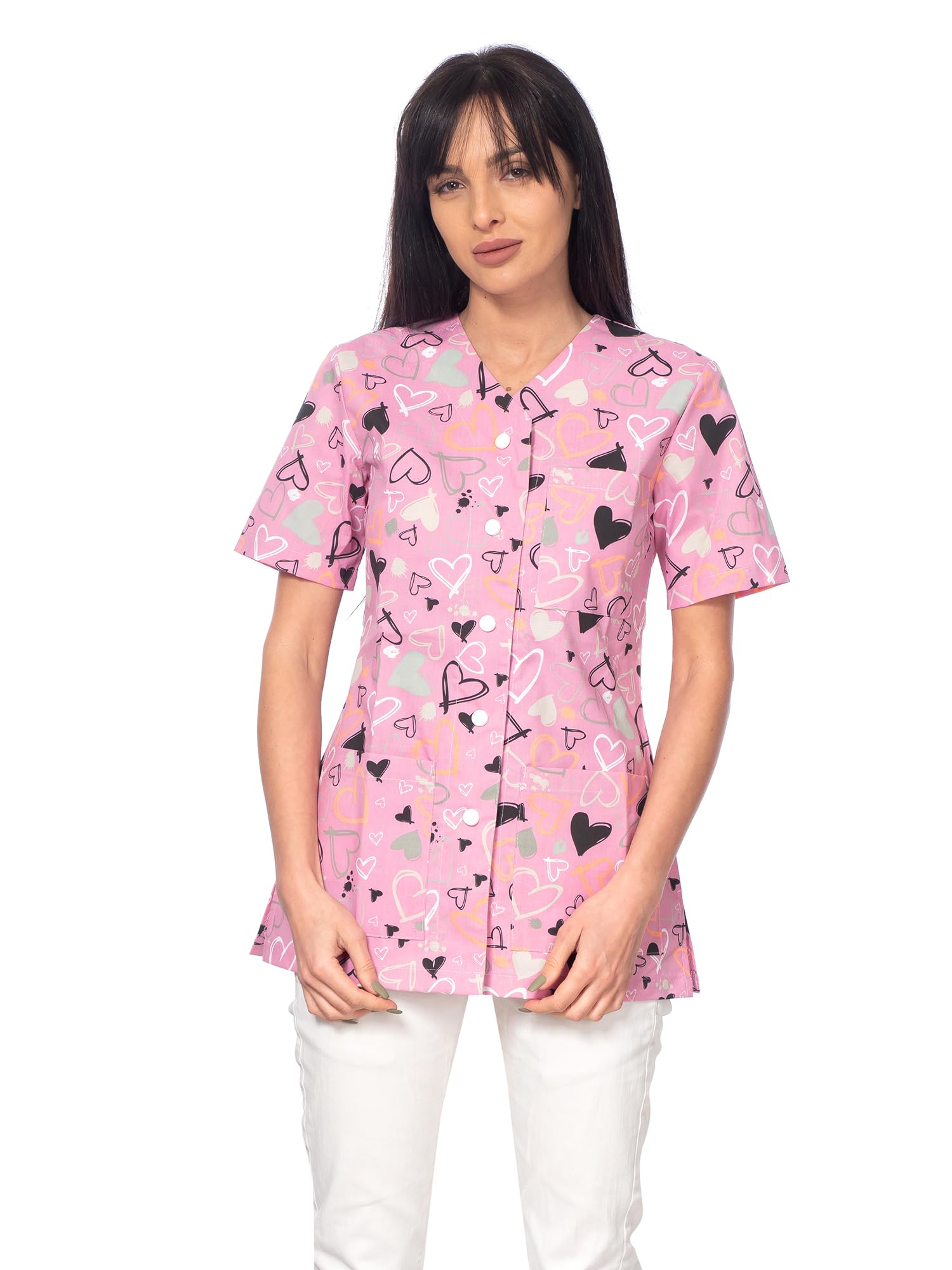 DINOZAVR Carla Sanitario Camisa Médica con Botones a presión y Cuello en V para Mujeres