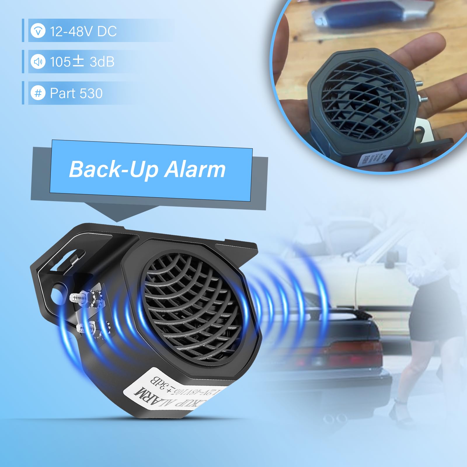 Back-Up Alarm 105 dB 12-48V DC Reverse Alarm with Loud Beeper Tone, Universal Fit, Screw Mounting, Compact Size,# 530