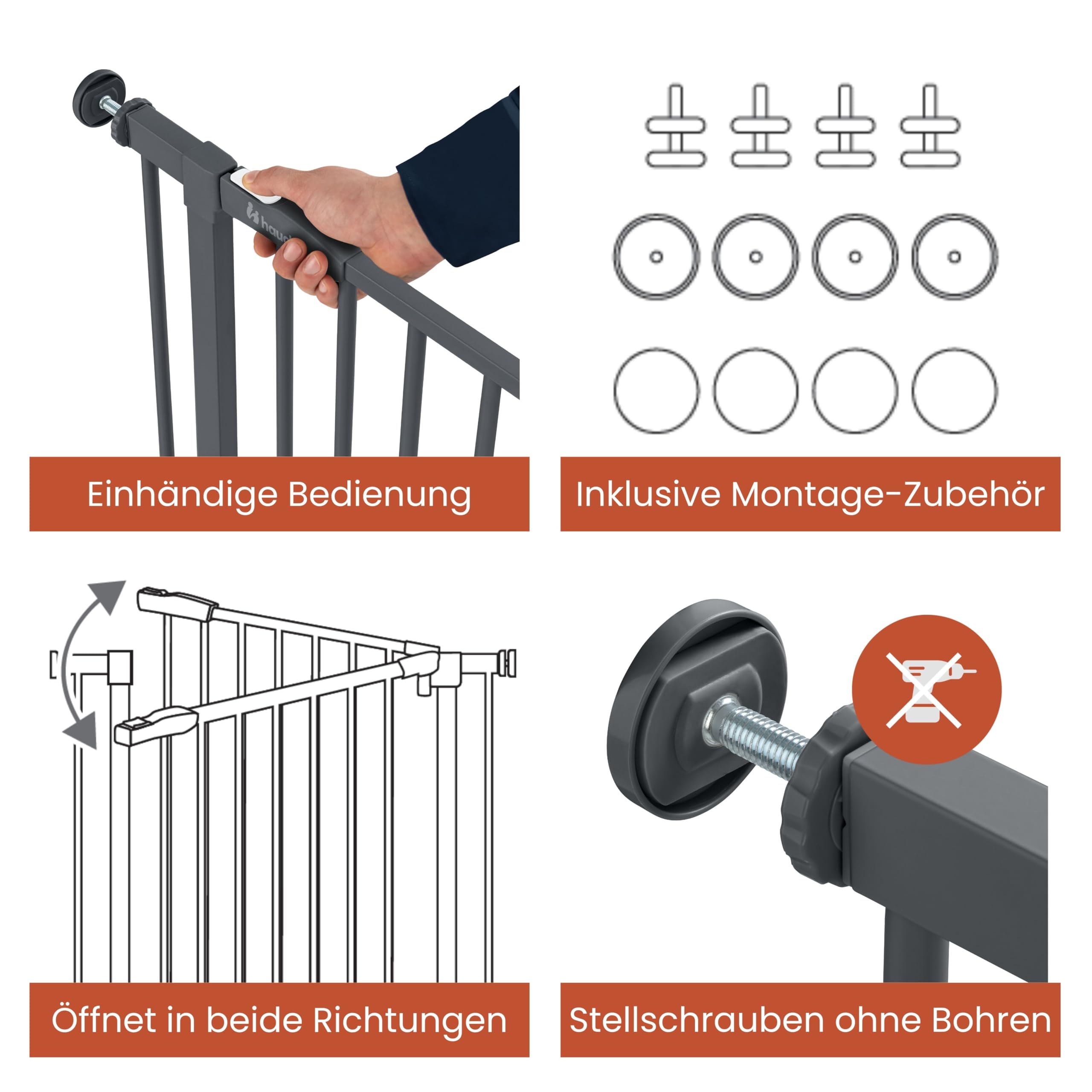 hauck Standard Türschutzgitter ohne Bohren ohne Verlängerung, Dark Grey | Verstellbare Breite von 75 bis 80 cm dank Stellschrauben, Absperrgitter ohne Bohren, Einhand Öffnung, Indoor Kinder & Hunde