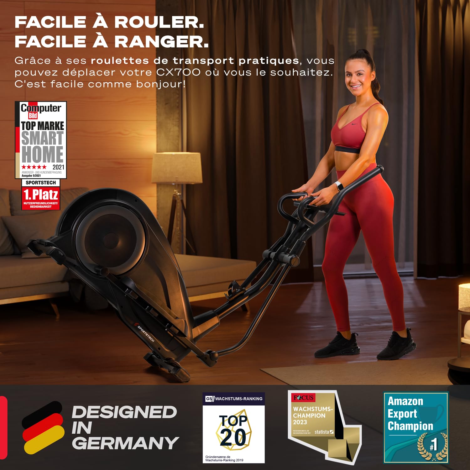 Sportstech CX700 avec Technologie LED innovatrice | Appareil Professionnel, vélo elliptique pour la Maison | 12 programmes | avec système de freinage magnétique de 24 kg | Marque de qualité Allemande
