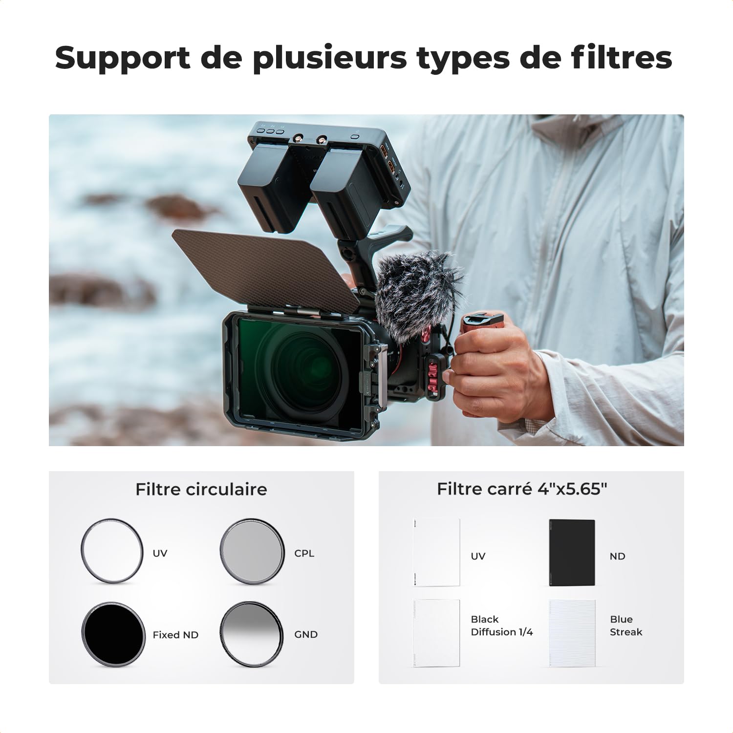 K&F CONCEPT Matte Box et Filtre Carré ND4 ND32 avec 2 Cadre et 5 Adaptateur | Kit,5 Bagues 67/72/77/82/95mm,Solide,HD,Nano-revêtement,Étanche,Verre optique,Résistant à l’huile et aux rayure,FM703
