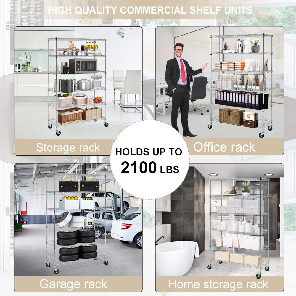 Metal Storage Shelves 6 Layer Wire Shelving on Wheels Heavy Duty Metal Rack Utility Shelves 48" NSF Steel Racks 2100 LBS Capacity Adjustable Standing Shelves for Garage Kitchen Office, Chrome : Home & Kitchen