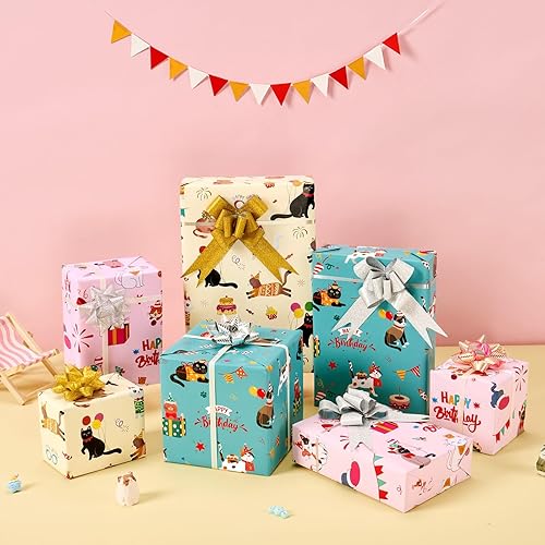Miniatura 3 de WERNNSAI Rollos de papel de regalo para gatos, 3 rollos de papel de regalo de cumpleaños de 17 x 120 pulgadas, papel de regalo de cumpleaños para