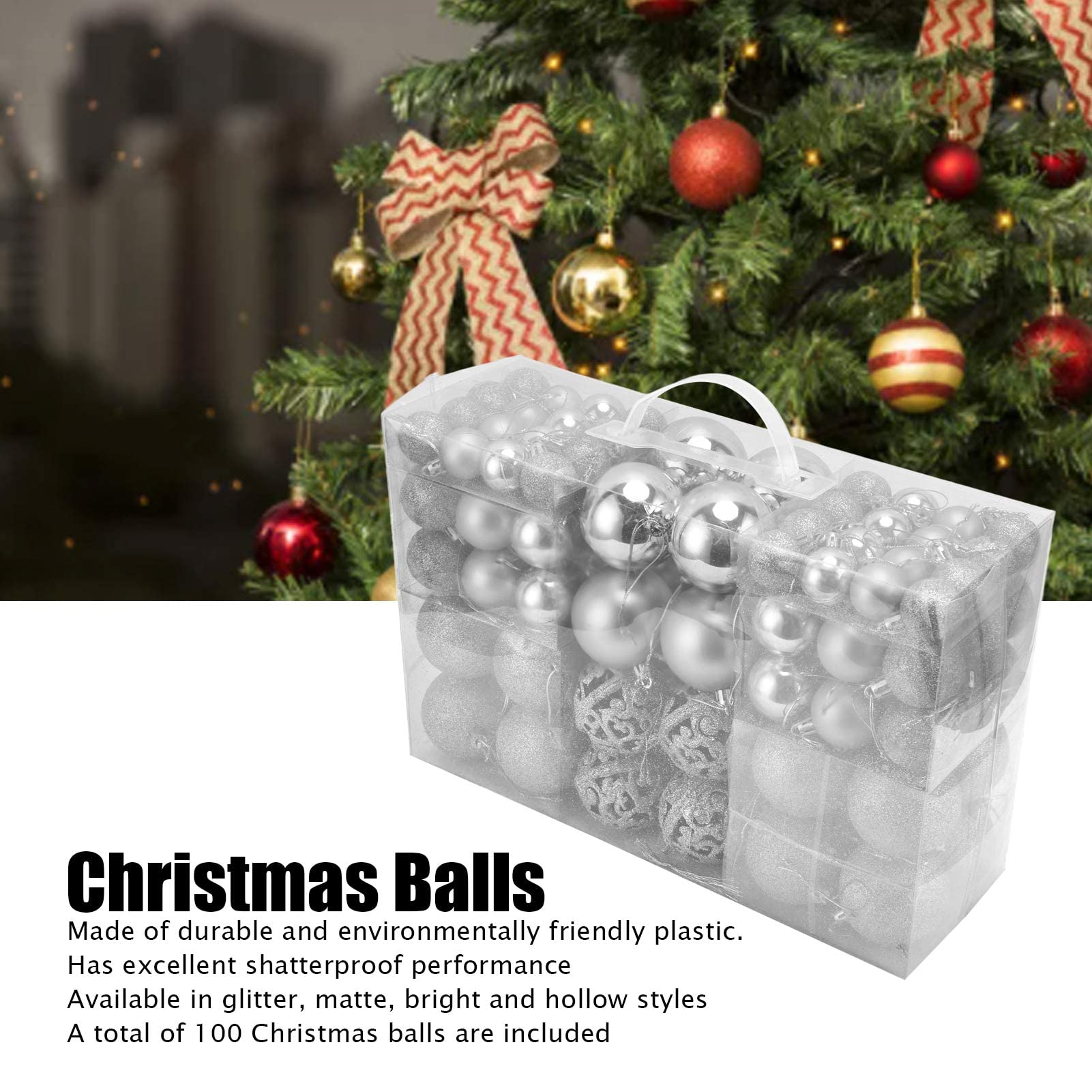 Juego de 100 bolas de Navidad, decoraciones colgantes de temporada, bolas de Navidad de plástico inastillables, juego a granel para decoración de árbol de Navidad (plateado)