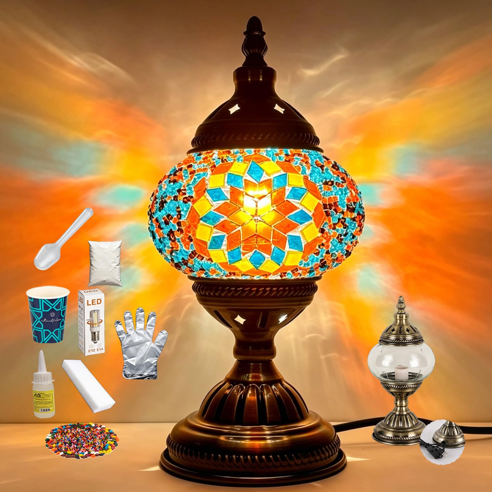 shulovehua Marrakech Turkish Table Lamp with Bronze Base USB Powered Mosaic Bedside Lamp Included LED Bulb DIY Turkish Mosaic Lamps Kit for Bar Boutique Store Decor Handmade Activity(Colorful18)