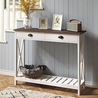 ChooChoo 40" Farmhouse Console Table with Drawer & Shelf - Narrow Rustic Entryway Hallway Sofa Table, White Vintage Wood Grain
