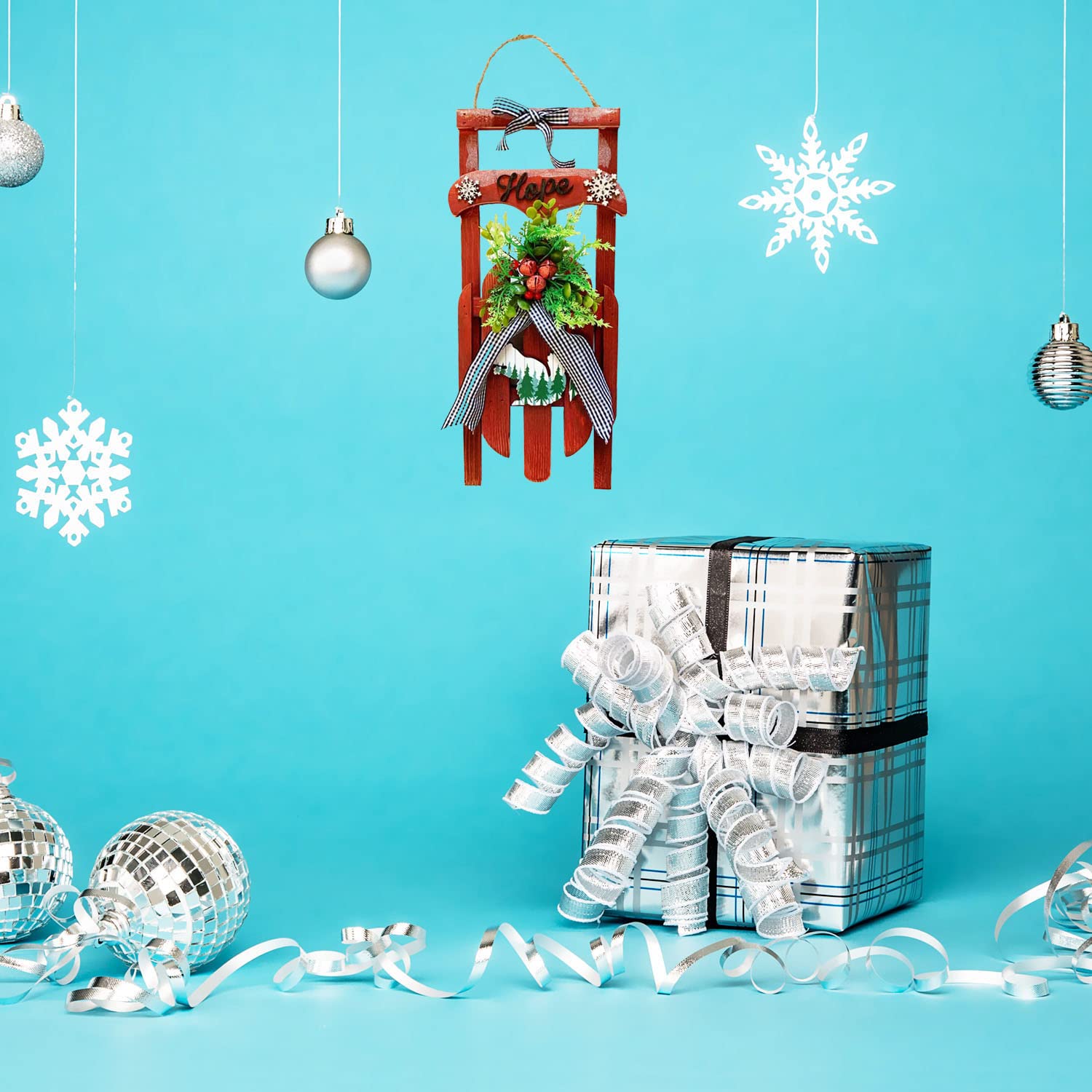 Rustikale Holzschlitten-Dekoration, altmodisch, dekorativer Schlitten zum Aufhängen mit Schriftzug "Hoffnung", Weihnachten, Schlitten für drinnen und draußen, Weihnachtsdekoration (16.5 H)