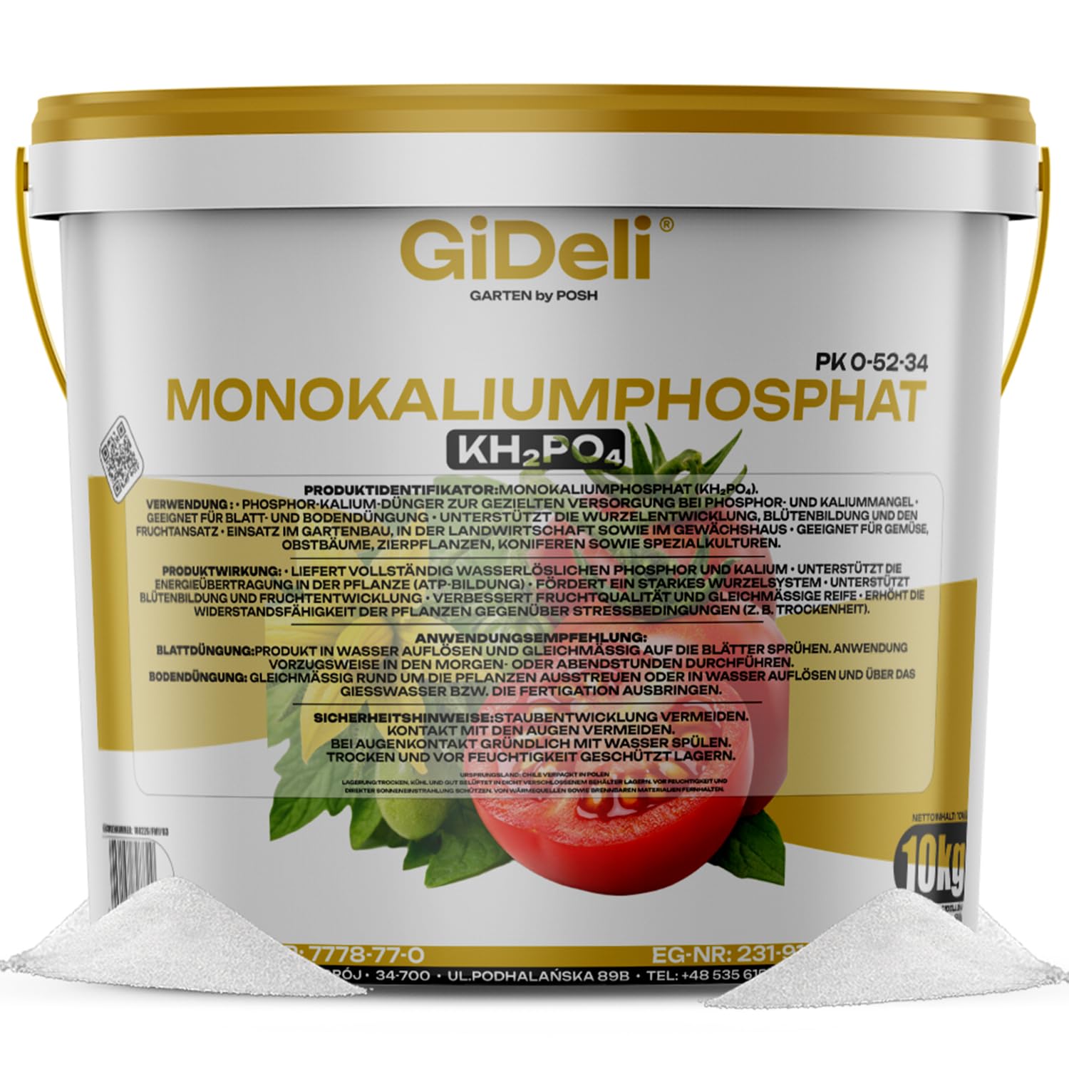GiDeli Fosfato Monopotassico MKP 10kg - Concime Idrosolubile per Fertirrigazione e Uso Fogliare - Ideale per Orto, Serra e Alberi da Frutto - Senza Azoto, Favorisce Fioritura e Fruttificazione