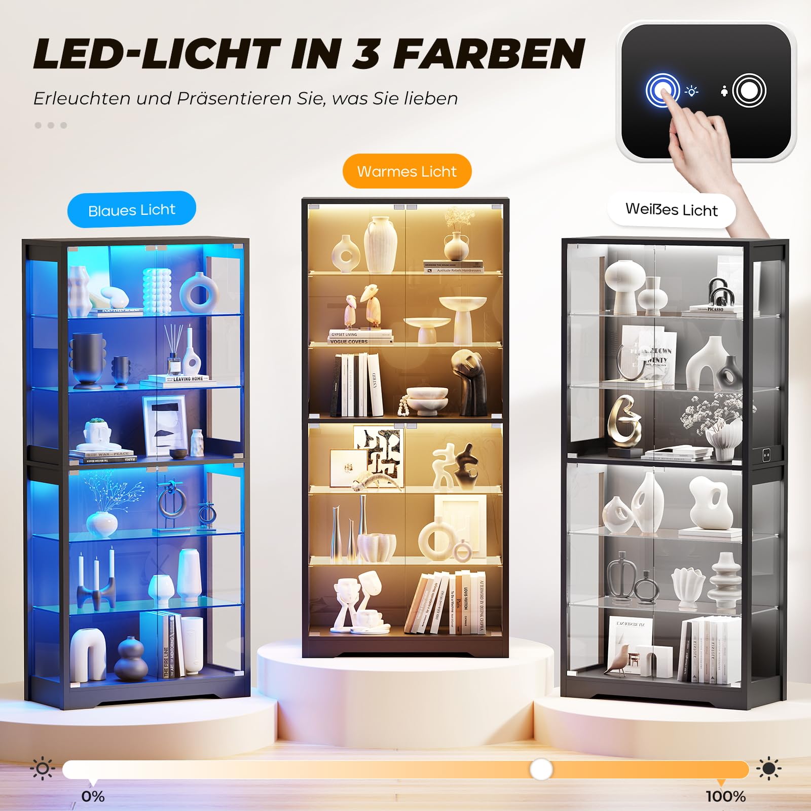 BROTTAR Vitrine mit Glastür, 6-stufige 180cm Vitrine mit 3 Farblichten für Sammlerstücke, Vitrine mit verstellbaren Glasträgern, Körperkensorsensor, Aufbewahrungsschränke, Schwarz