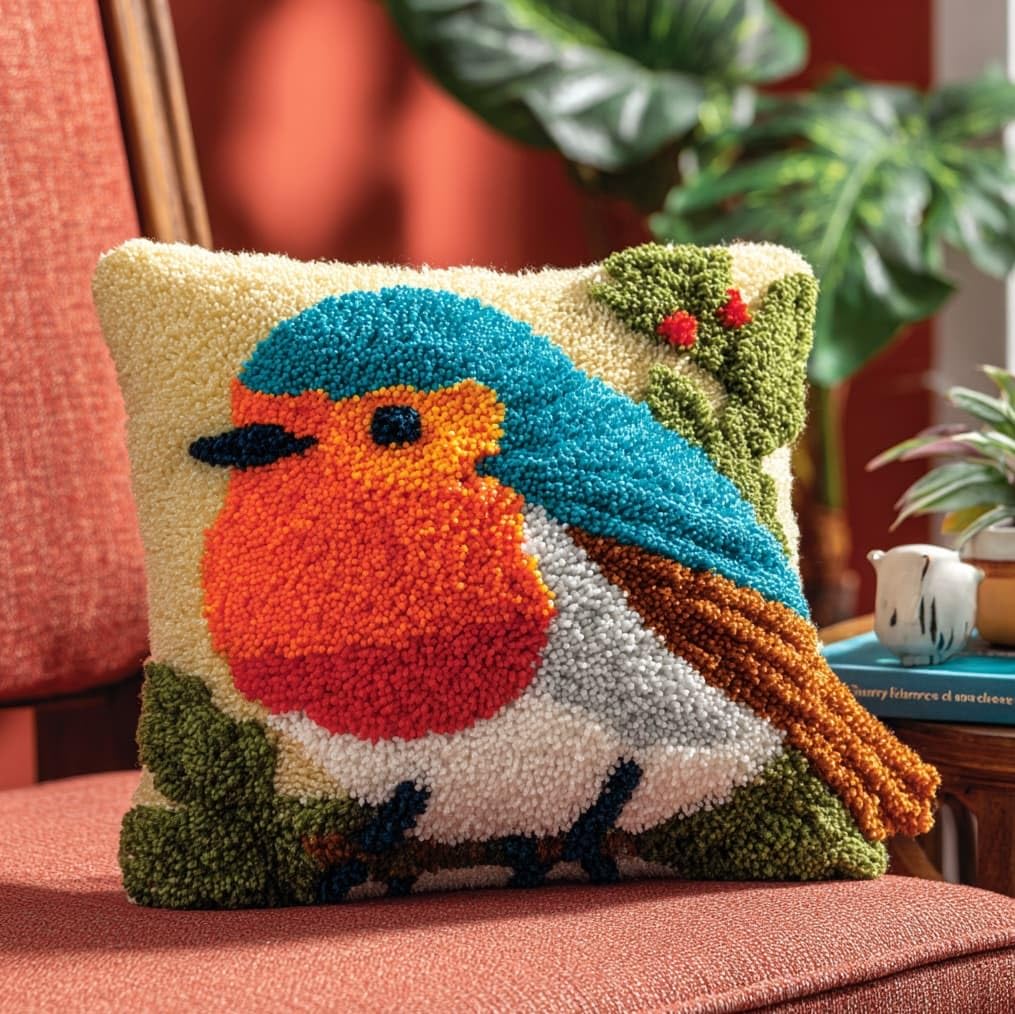 AxiangziK 43x43cm Latch Hook Cushion Making Kit,Robin Christmas