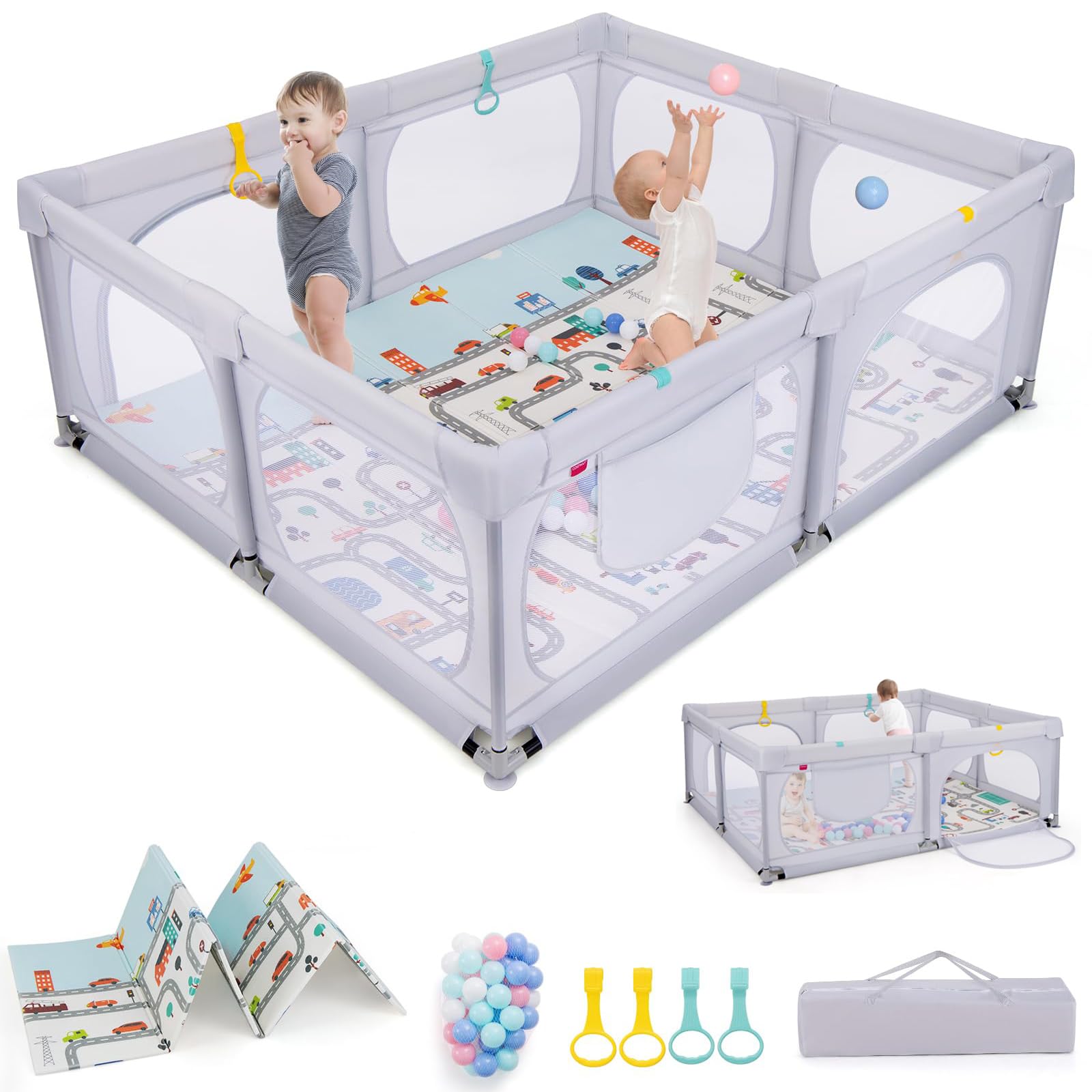 RELAX4LIFE Recinto Bambini 189 x 158 cm con Base a Ventosa, Materassino Pieghevole, Box Giochi, 4 Anelli e 50 Palline, 2 Entrate Laterali, Tasca Portaoggetti e Borsa Trasporto, Rete Traspirante
