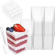 Lot de 50 coupes à pudding avec 50 cuillères, 160 ml, transparentes, réutilisables, pour pudding et tiramisu