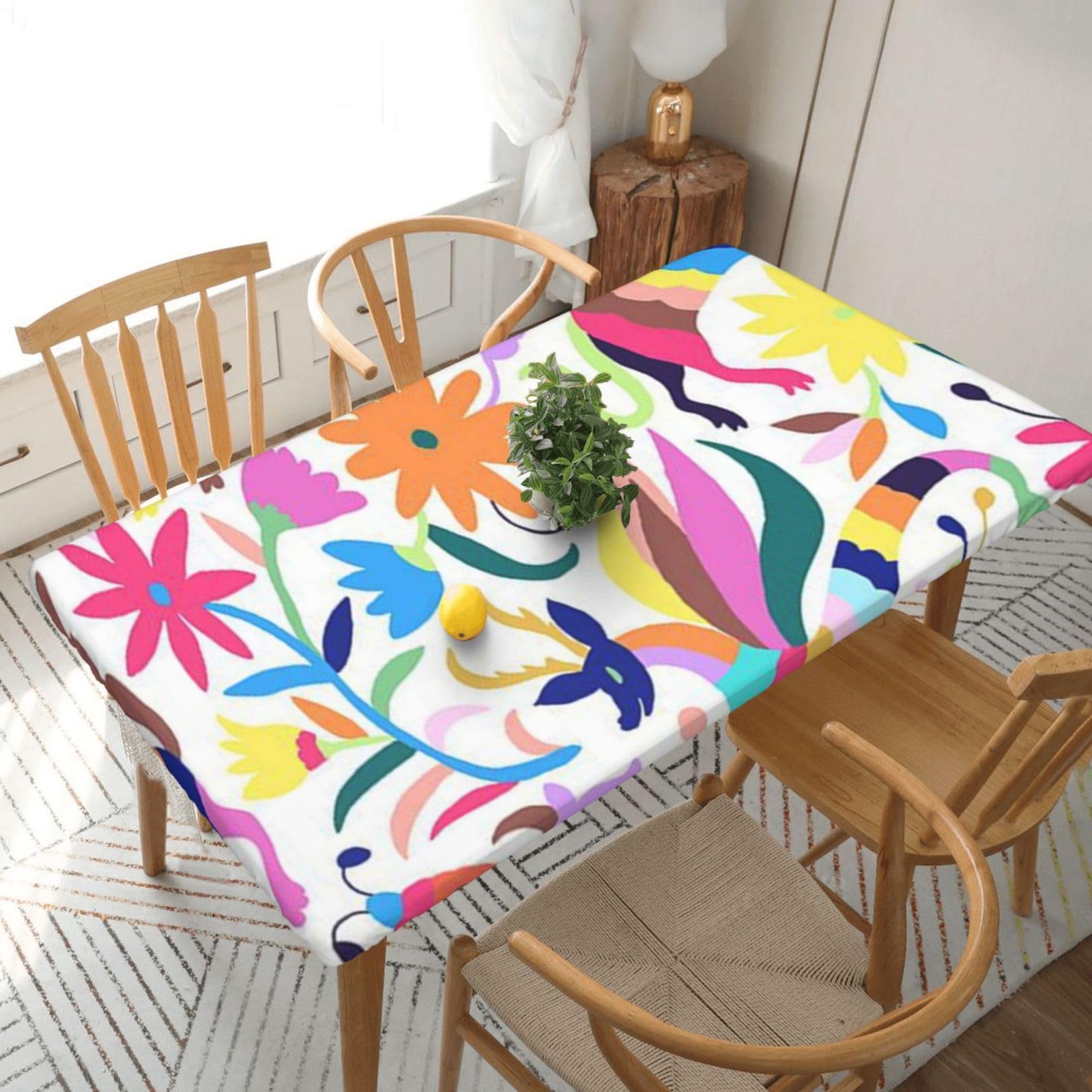 DCEHGEW Elastic Fitted Rectangle Tablecloth for 5ft Tables, Mexican Otomi Animals Printed Oilproof & Washable Fabric Picnic Table Cloth Table Covers